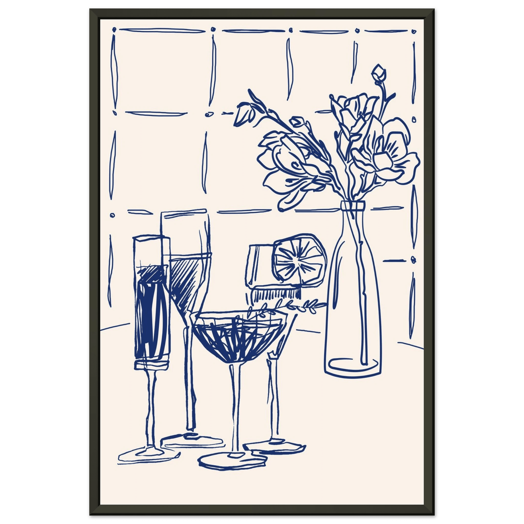 Cocktails & Flowers Print | Navy Blue Line Art Drinks Wall Art | Kitchen Bar Poster - Evergreen Posters