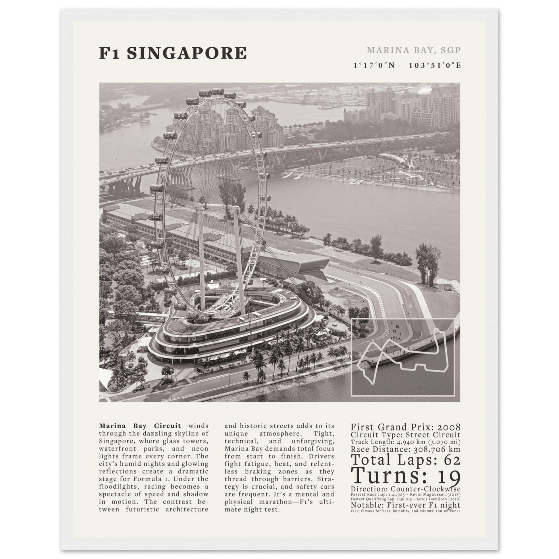 F1 Singapore Poster Black and White – Vintage Marina Bay Night Race Print (Digital & Printed Options) - Evergreen Posters