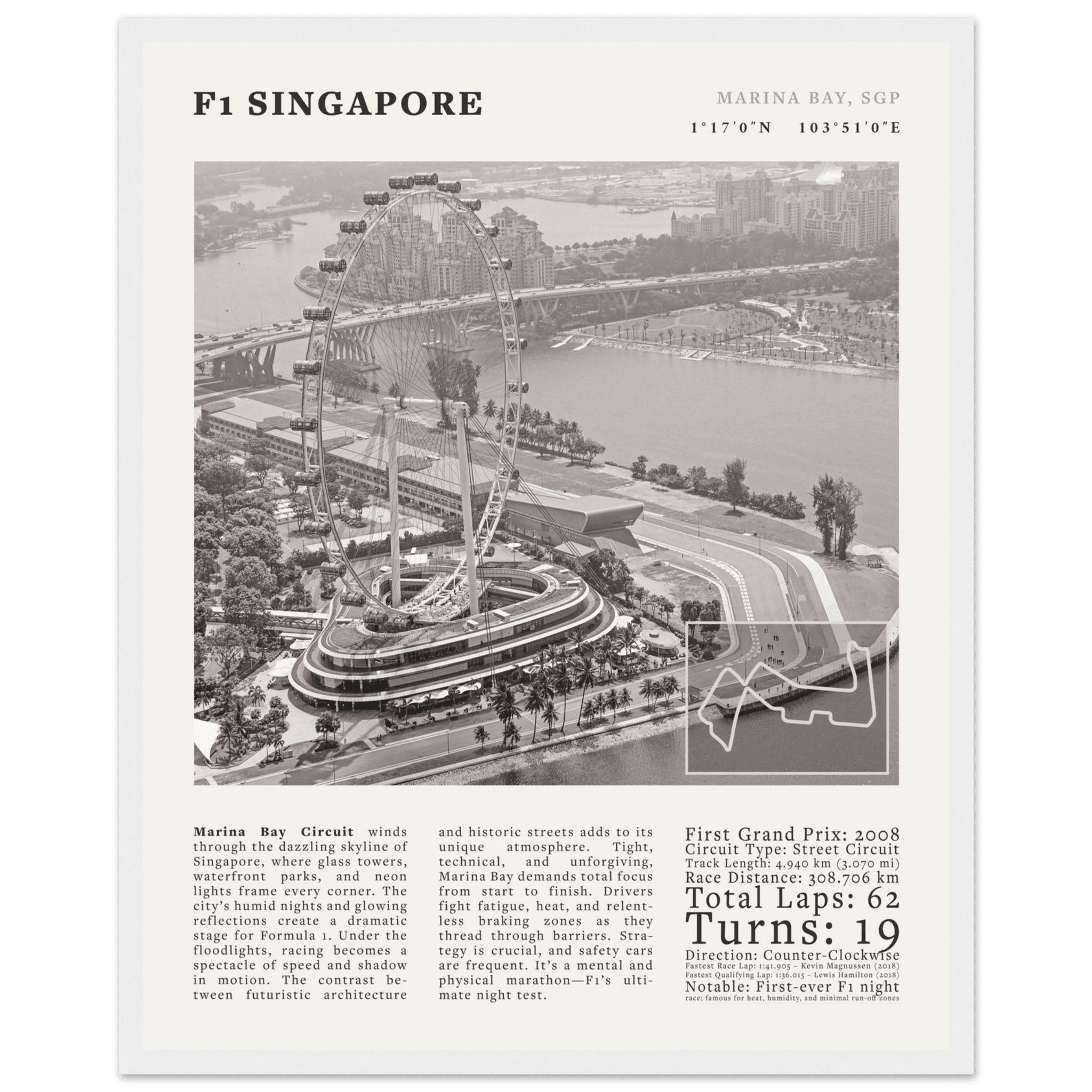 F1 Singapore Poster Black and White – Vintage Marina Bay Night Race Print (Digital & Printed Options) - Evergreen Posters