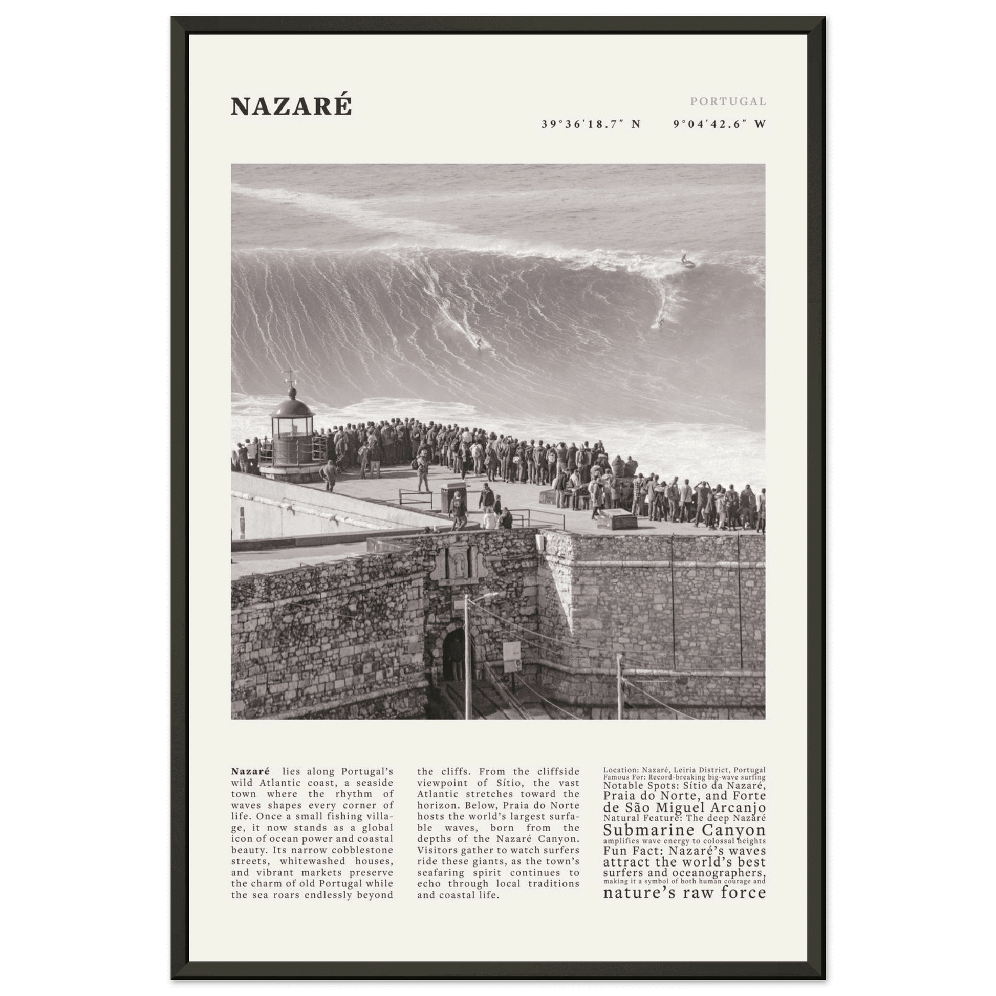 Nazaré Portugal Poster Black and White – Vintage Big Waves Surf Print (Digital & Printed Options) - Evergreen Posters