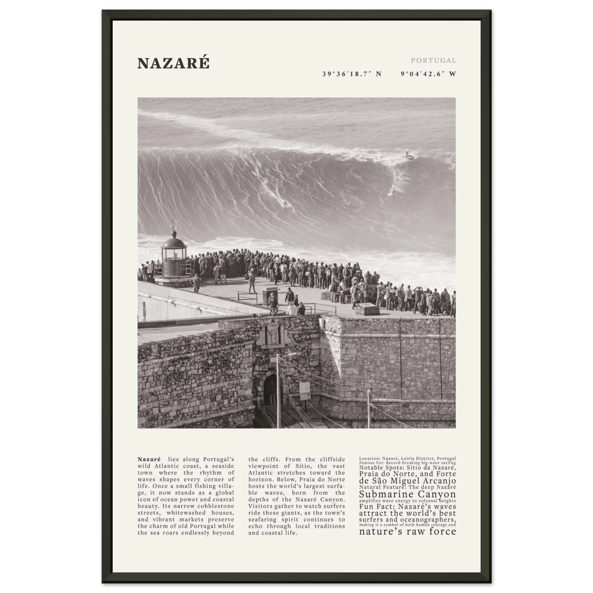 Nazaré Portugal Poster Black and White – Vintage Big Waves Surf Print (Digital & Printed Options) - Evergreen Posters