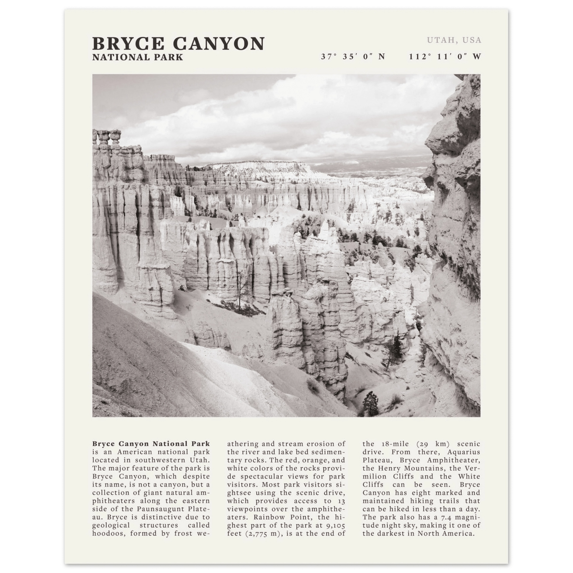 Bryce Canyon National Park Poster | Black & White Utah Hoodoos Wall Art Print - Evergreen Posters - 9