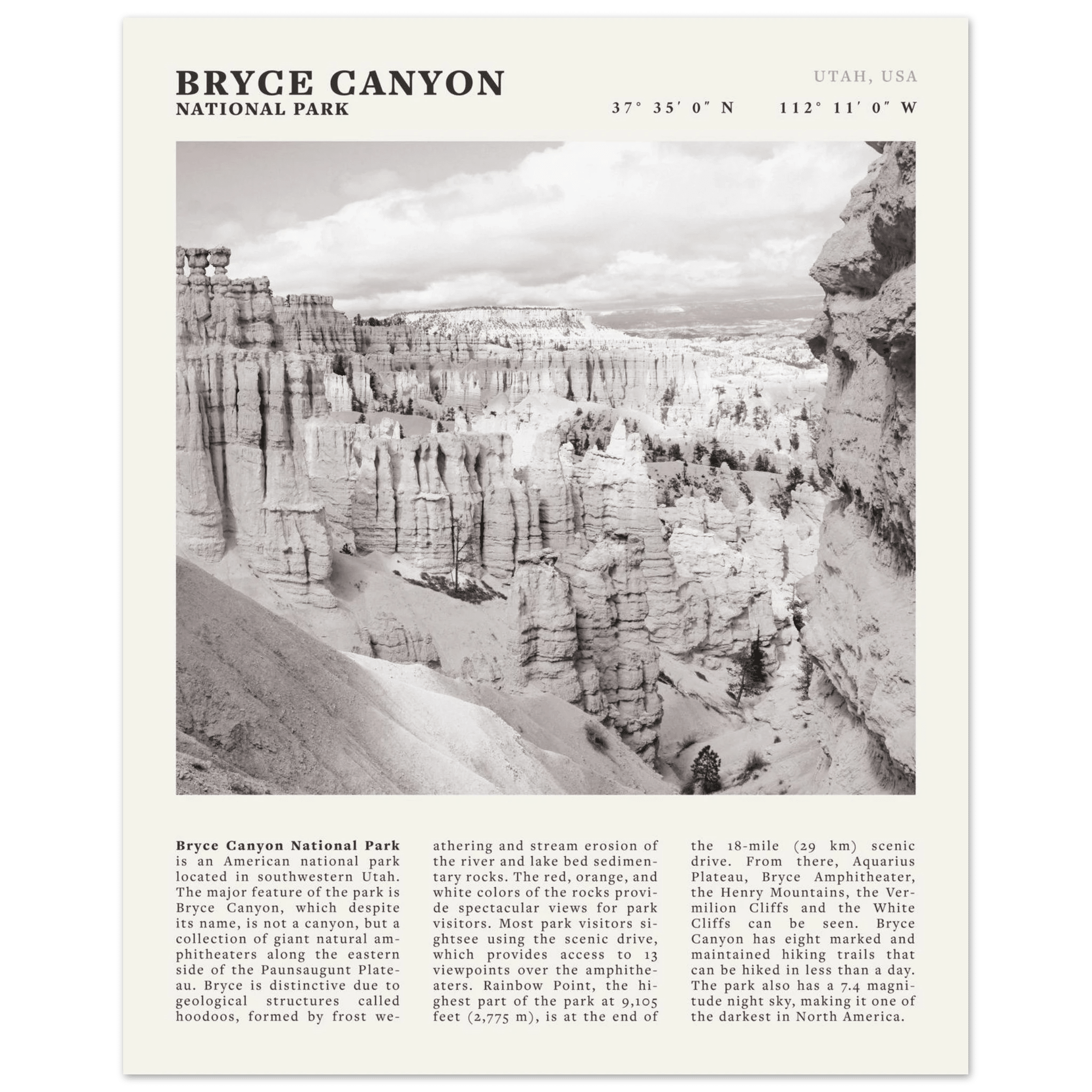 Bryce Canyon National Park Poster | Black & White Utah Hoodoos Wall Art Print - Evergreen Posters - 9