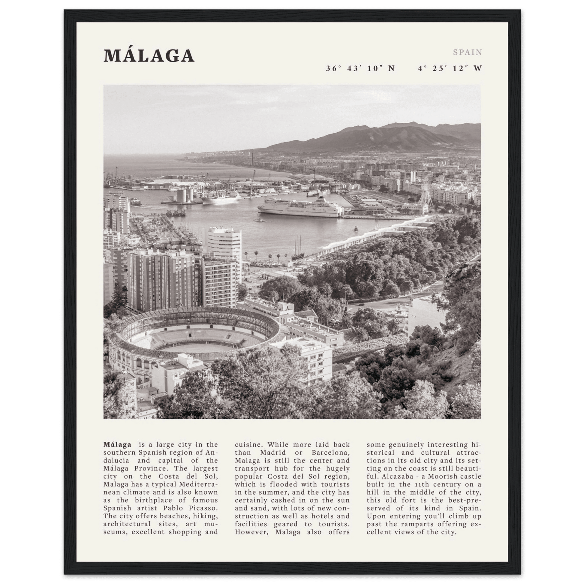 Málaga Poster | Black & White Costa del Sol Wall Art | Spain Travel Print - Evergreen Posters