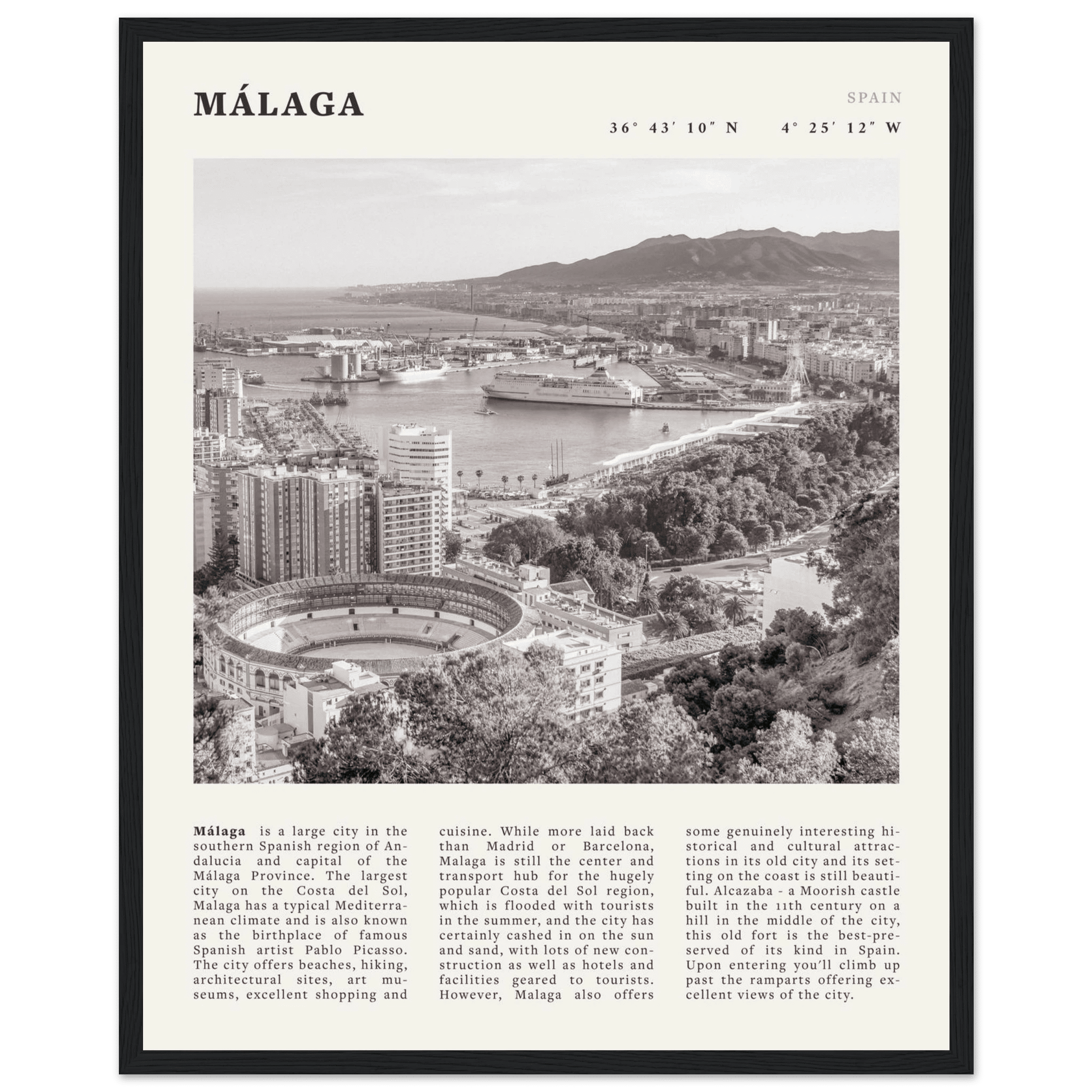 Málaga Poster | Black & White Costa del Sol Wall Art | Spain Travel Print - Evergreen Posters