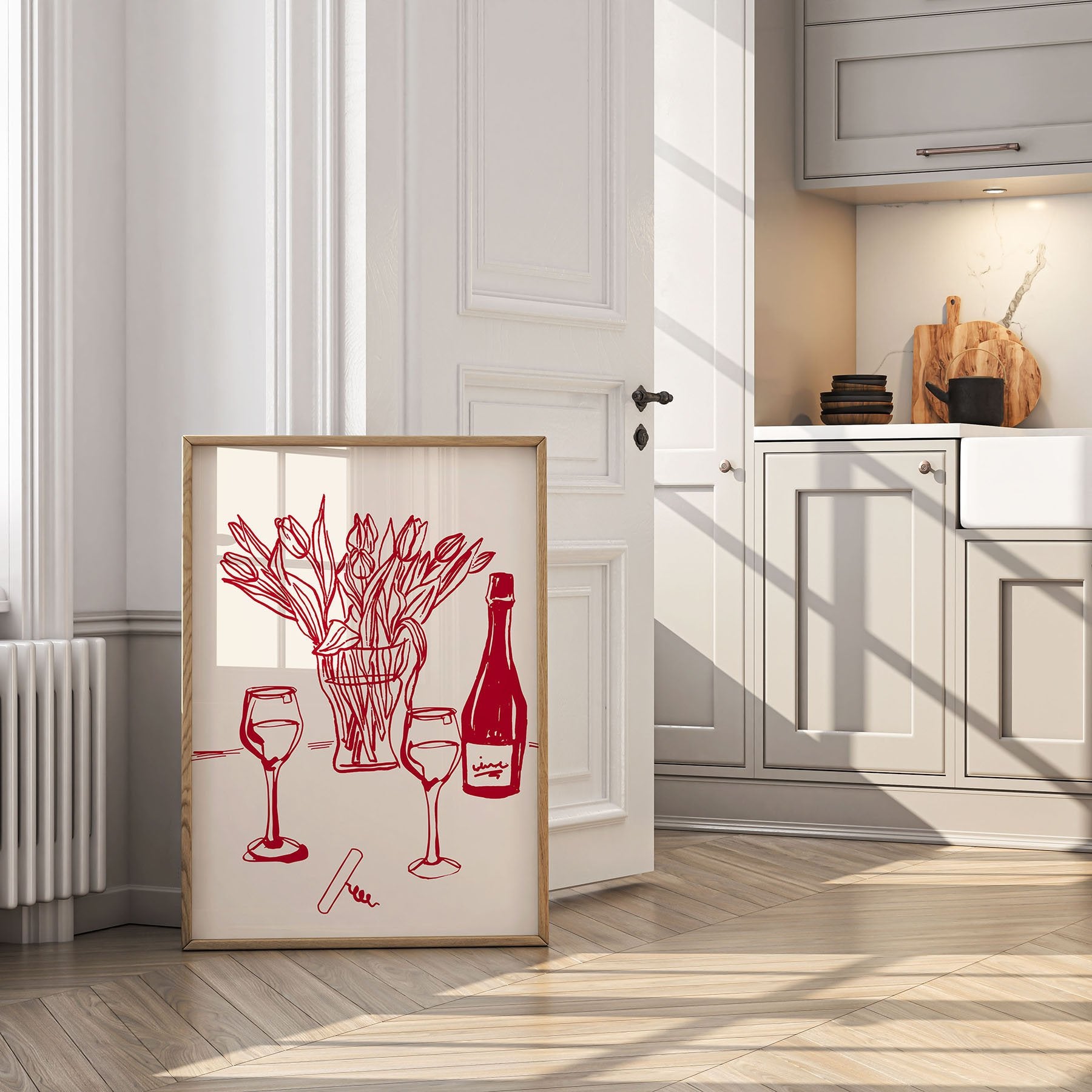 Red Wine & Tulips Print | Line Art Wine Bottle Wall Art | Kitchen Poster - Evergreen Posters