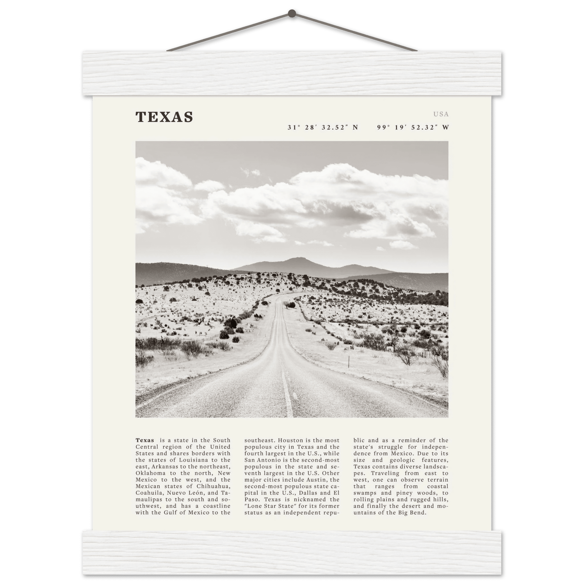 Texas Poster | Black & White Lone Star Road Wall Art | USA Travel Print Decor - Evergreen Posters