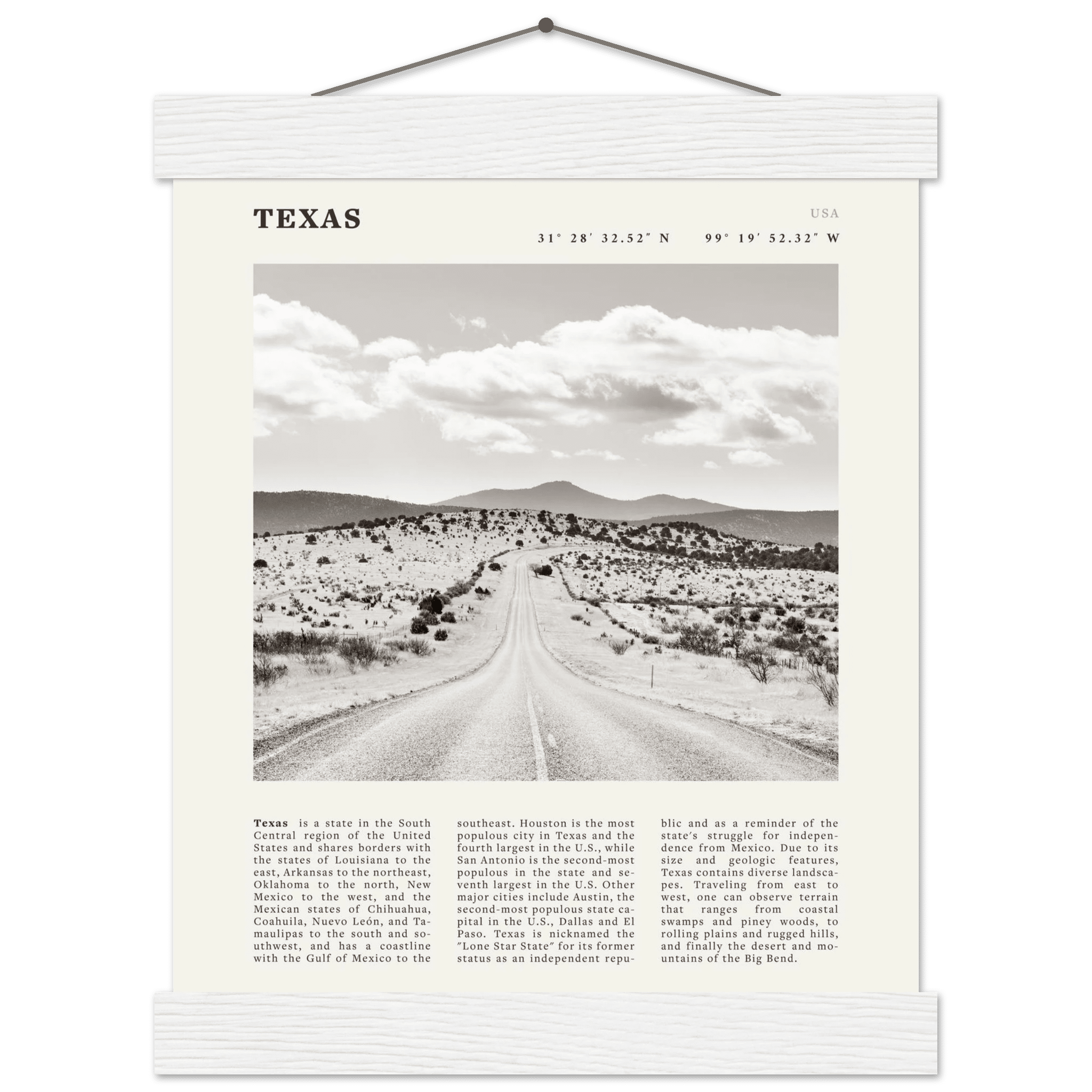 Texas Poster | Black & White Lone Star Road Wall Art | USA Travel Print Decor - Evergreen Posters