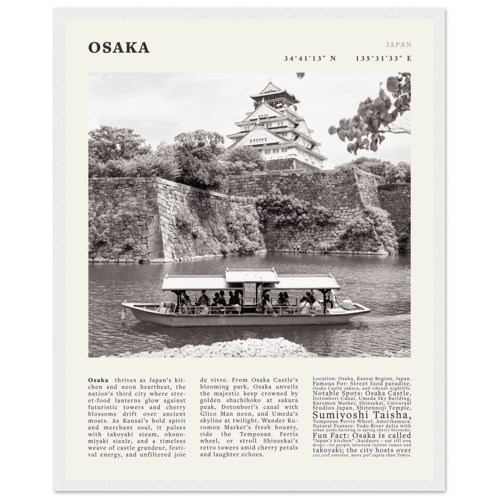 Osaka Poster Black and White – Vintage Osaka Castle Cherry Blossom Print (Digital & Printed Options) - Evergreen Posters