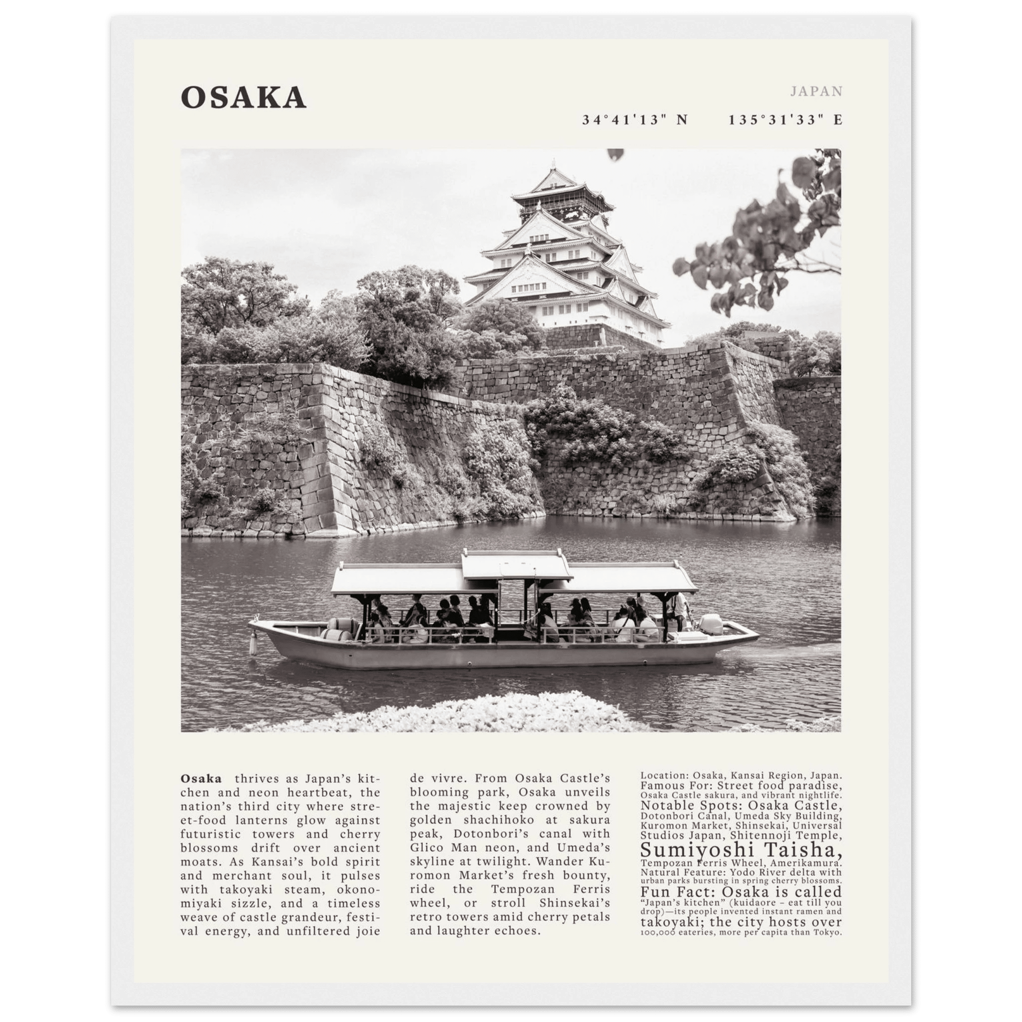 Osaka Poster Black and White – Vintage Osaka Castle Cherry Blossom Print (Digital & Printed Options) - Evergreen Posters