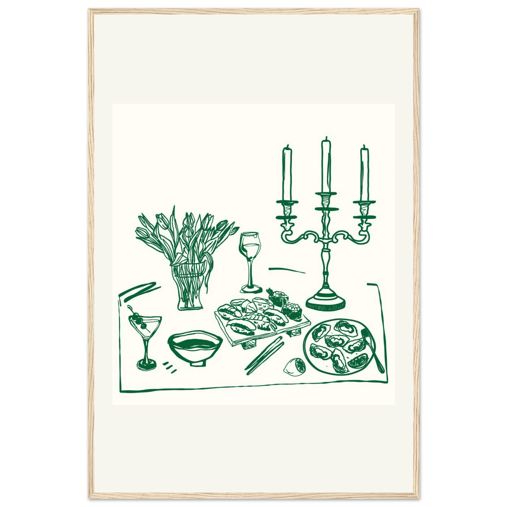Fine Dining Table Print | Green Line Art Kitchen Wall Art | Elegant Dining Room Poster - Evergreen Posters