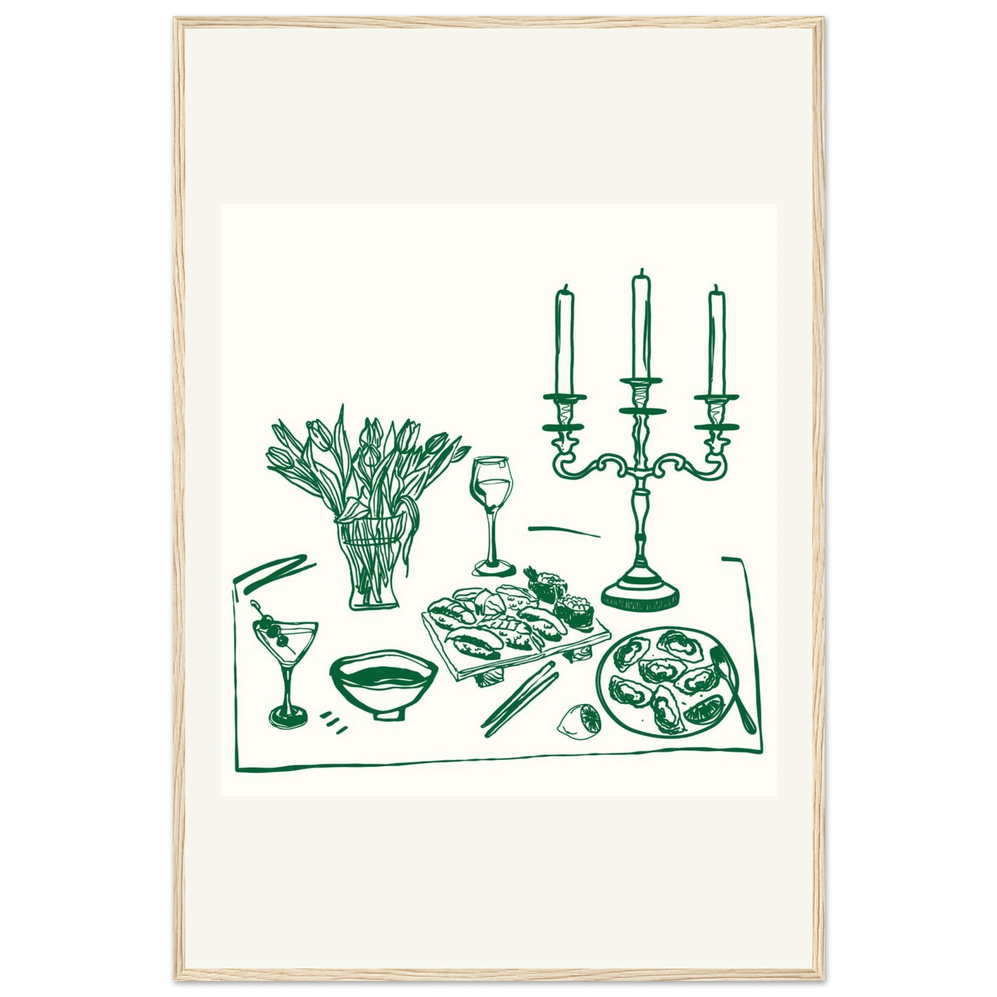 Fine Dining Table Print | Green Line Art Kitchen Wall Art | Elegant Dining Room Poster - Evergreen Posters