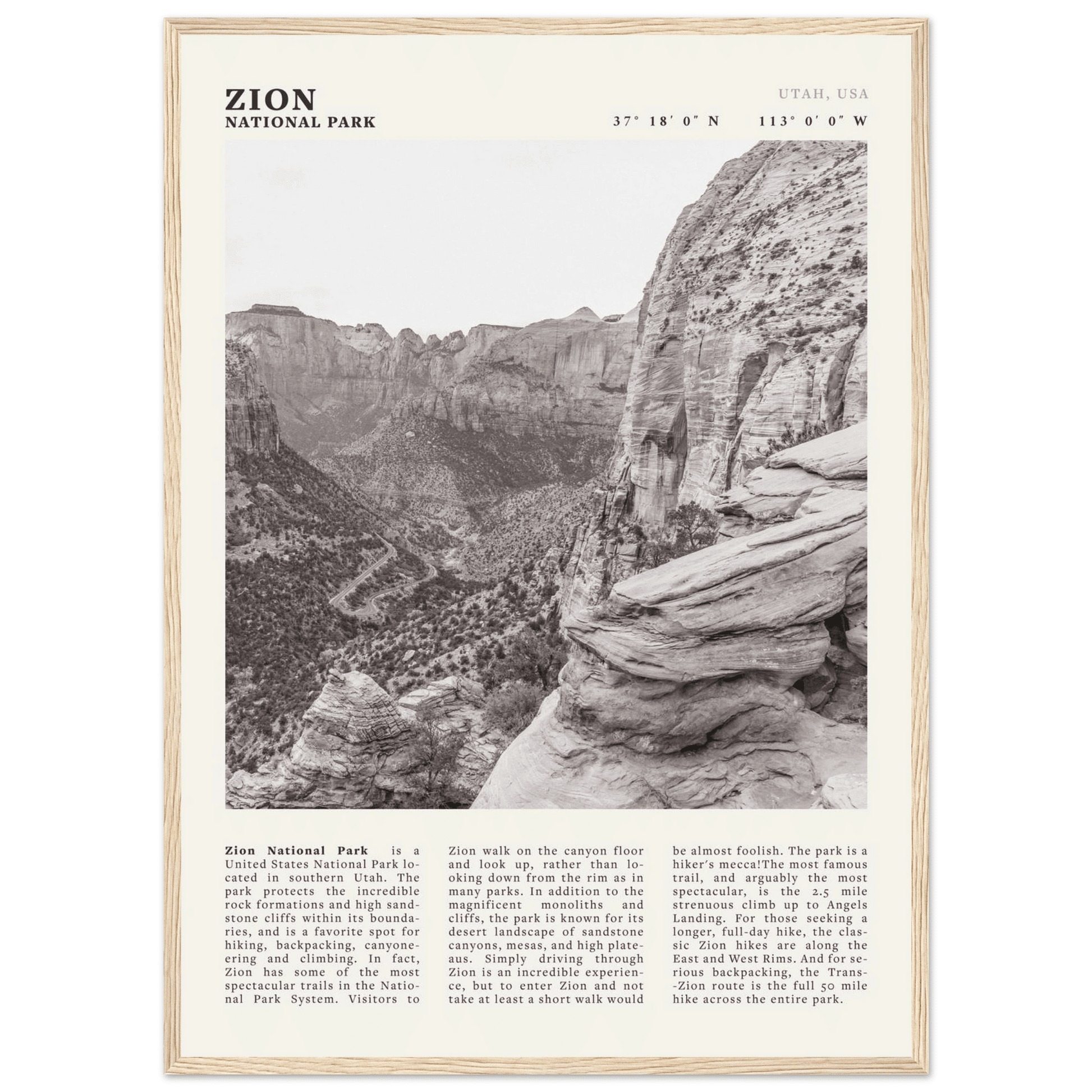 Zion National Park Poster | Black & White Utah Canyon Wall Art | USA Travel Print - Evergreen Posters