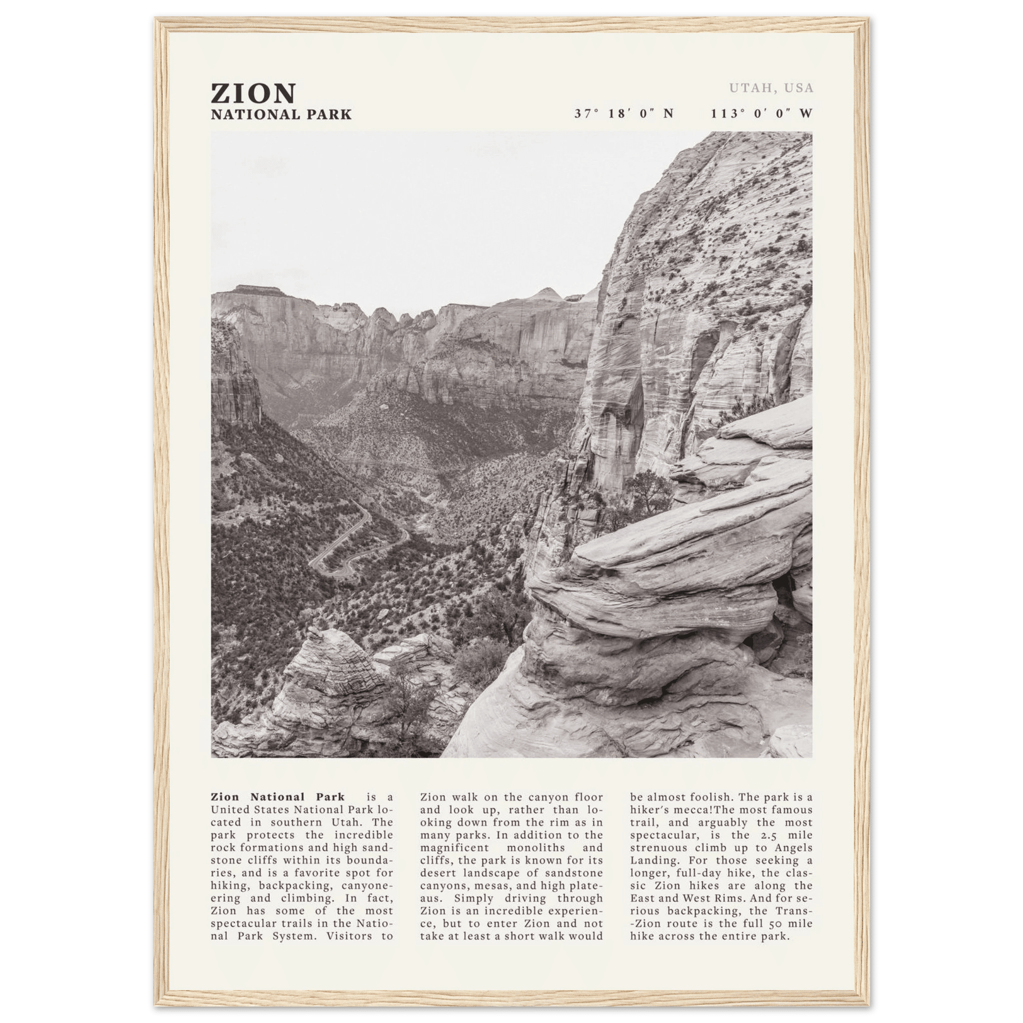 Zion National Park Poster | Black & White Utah Canyon Wall Art | USA Travel Print - Evergreen Posters