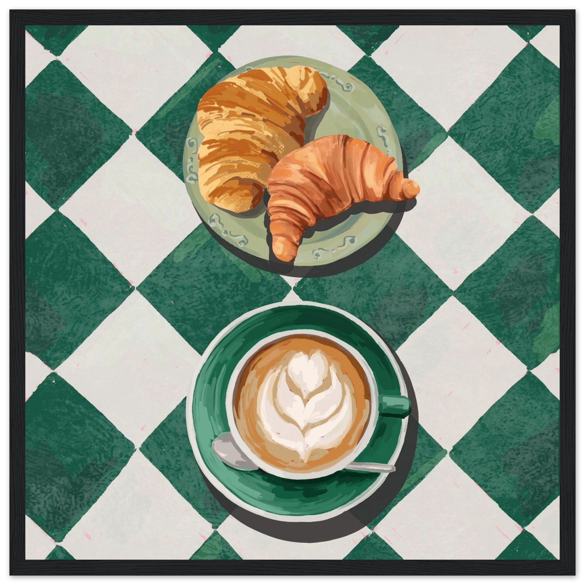 Croissant & Latte Poster | Classic Kitchen Wall Art | Green Tile Square Breakfast Print - Evergreen Posters - 11