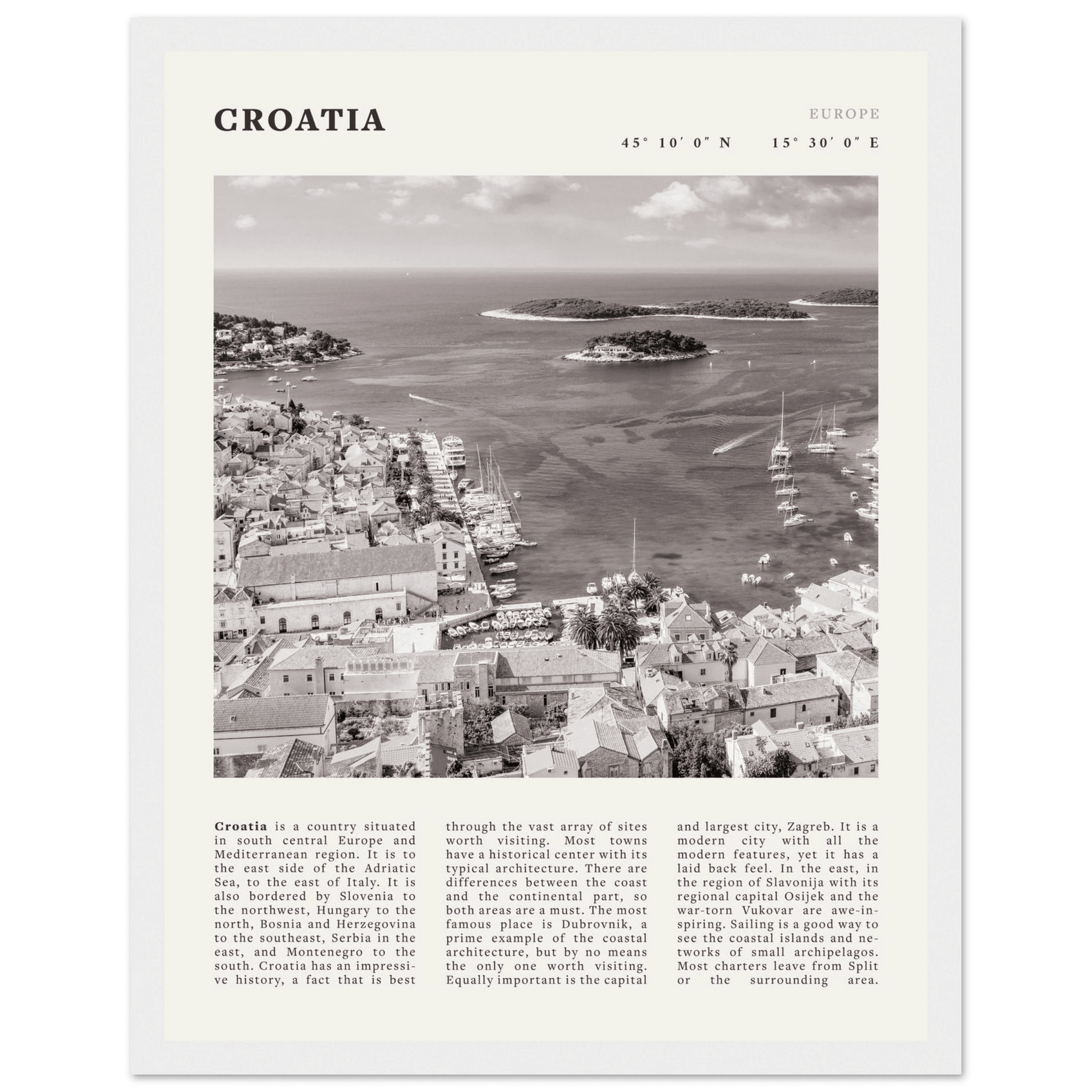 Croatia Poster | Black & White Hvar Island Wall Art | Adriatic Travel Print Decor - Evergreen Posters