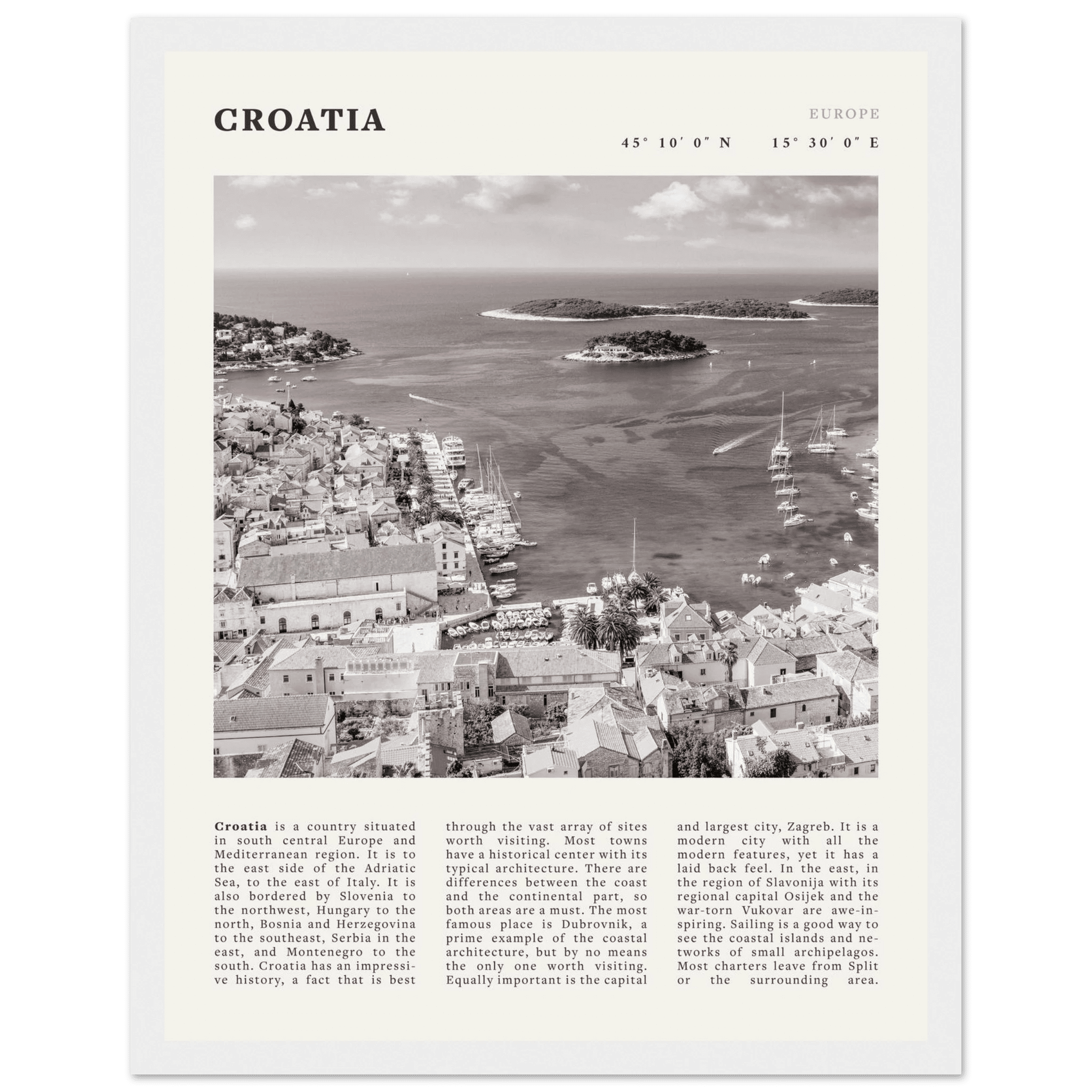 Croatia Poster | Black & White Hvar Island Wall Art | Adriatic Travel Print Decor - Evergreen Posters