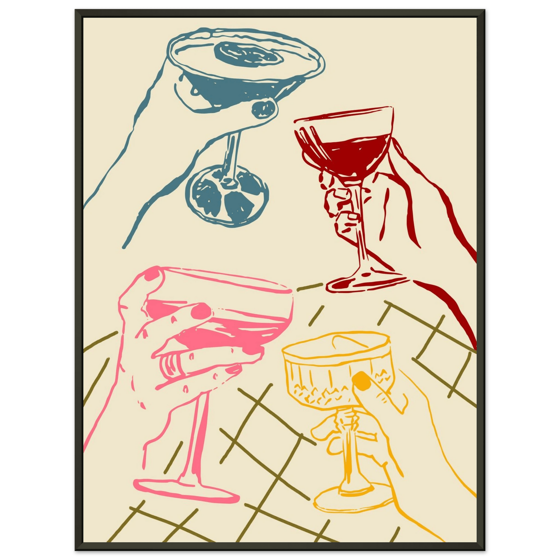 Cheers Print | Colourful Cocktail Glasses Wall Art | Kitchen Bar Poster - Evergreen Posters