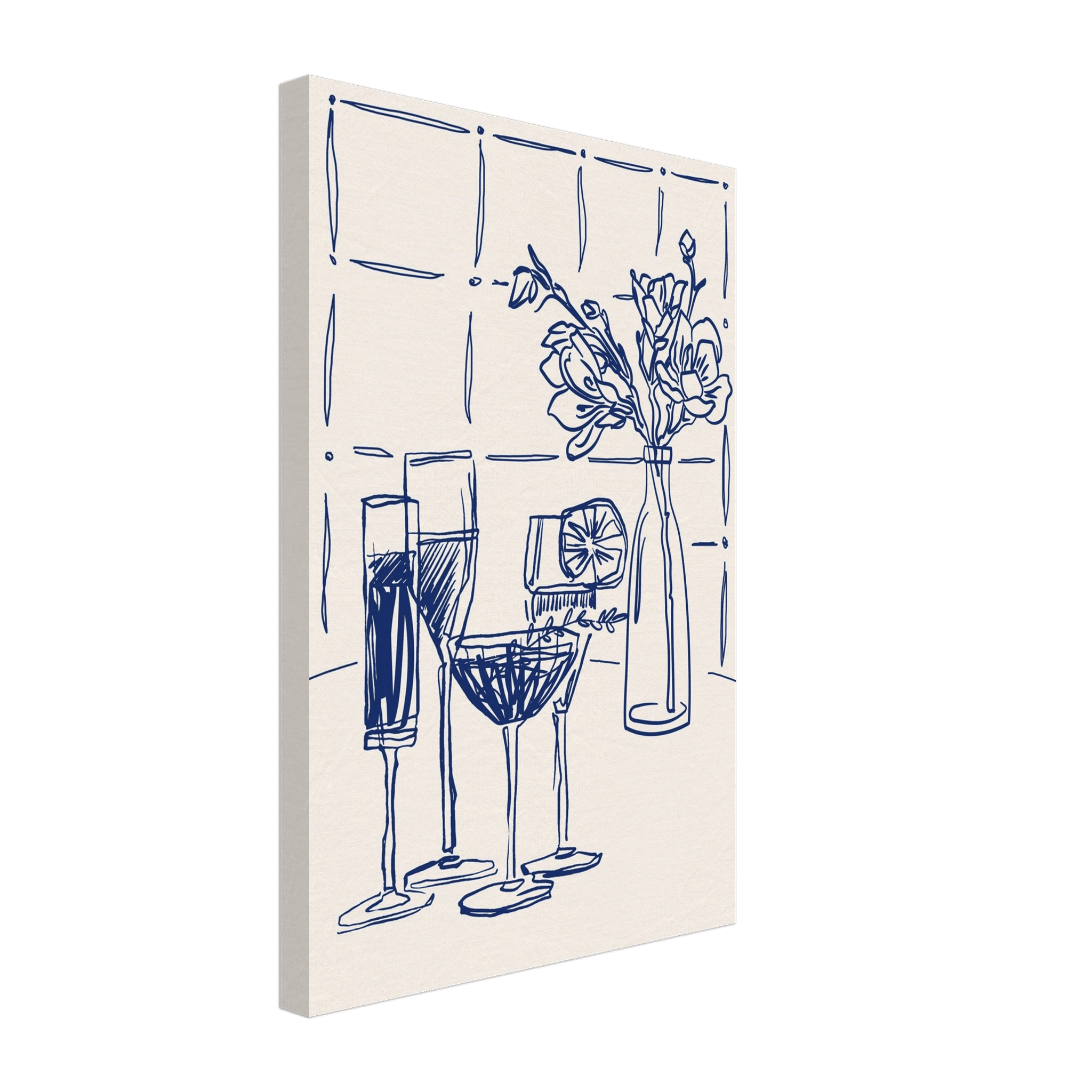 Cocktails & Flowers Print | Navy Blue Line Art Drinks Wall Art | Kitchen Bar Poster - Evergreen Posters