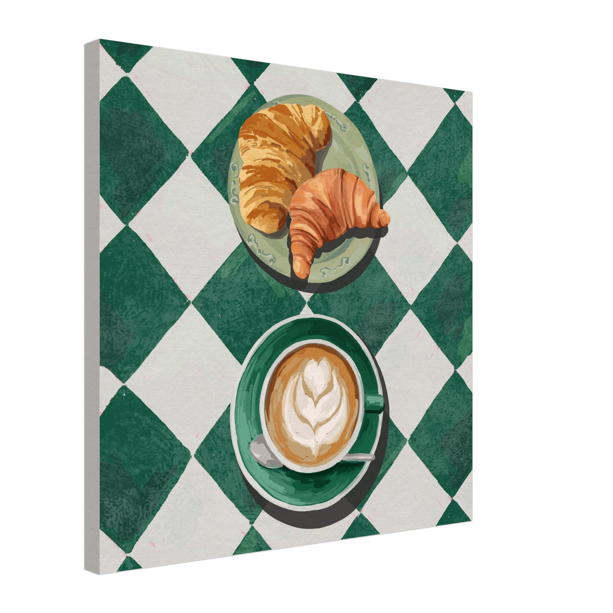 Croissant & Latte Poster | Classic Kitchen Wall Art | Green Tile Square Breakfast Print - Evergreen Posters - 36