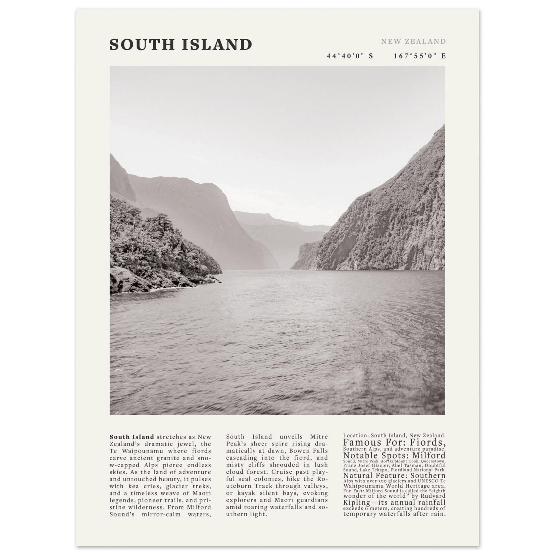South Island New Zealand Poster Black and White – Vintage Milford Sound Fjord Print - Evergreen Posters