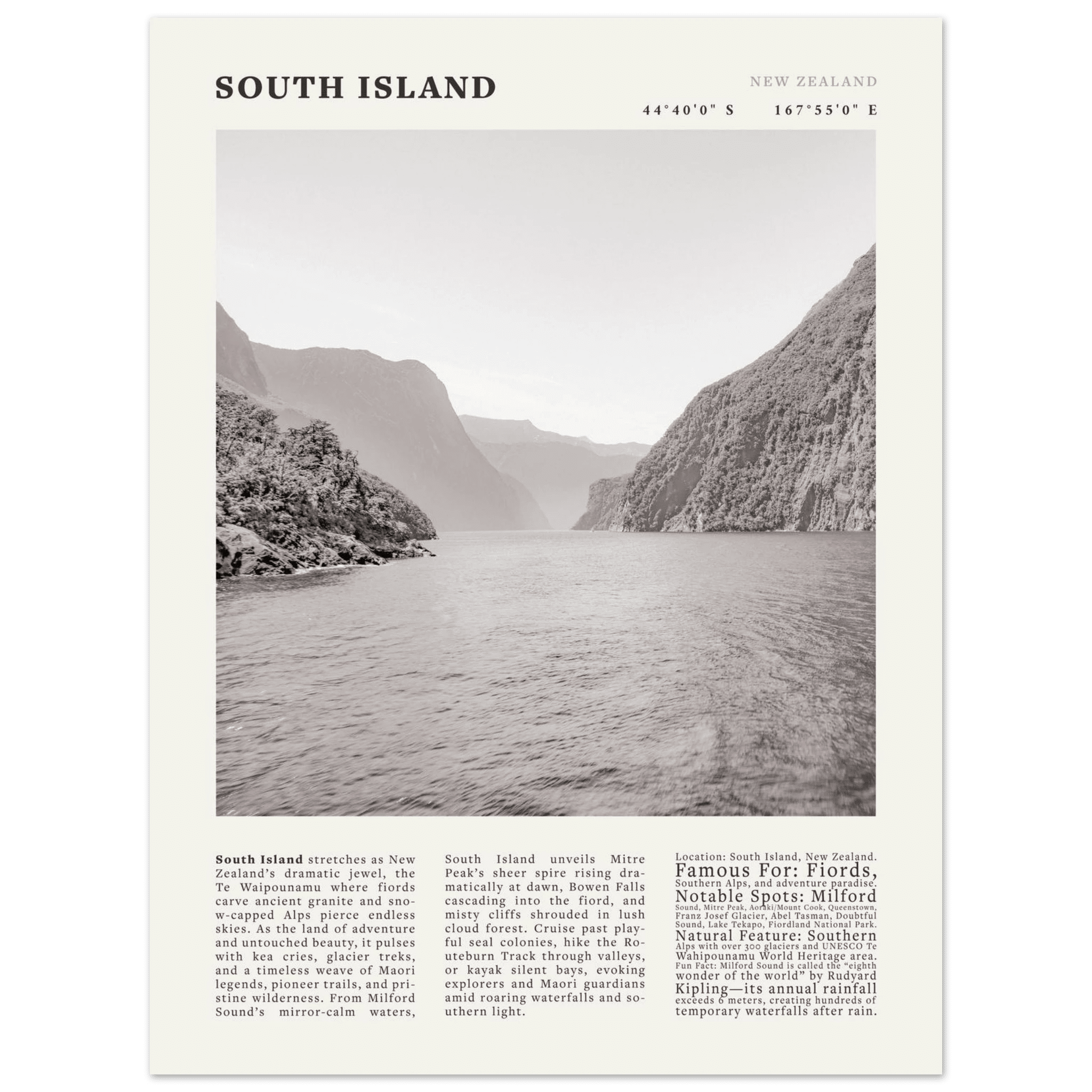 South Island New Zealand Poster Black and White – Vintage Milford Sound Fjord Print - Evergreen Posters