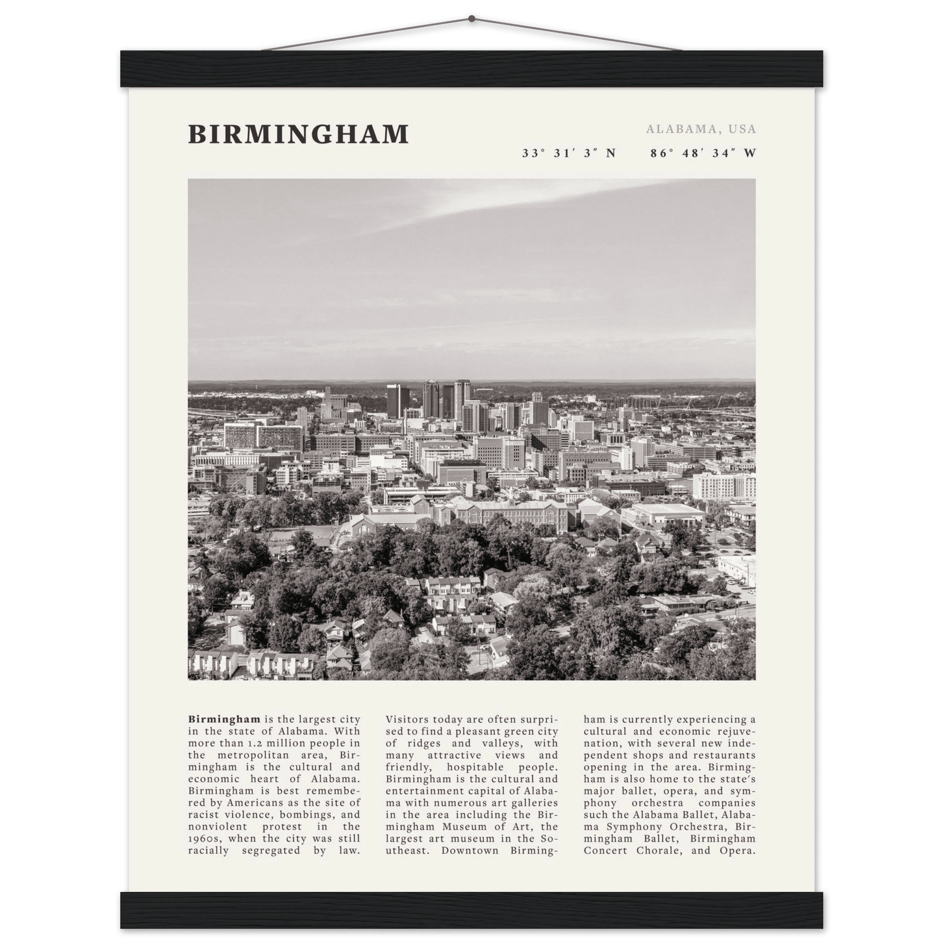 Birmingham Poster | Black & White Alabama Skyline Wall Art | AL Travel Print - Evergreen Posters