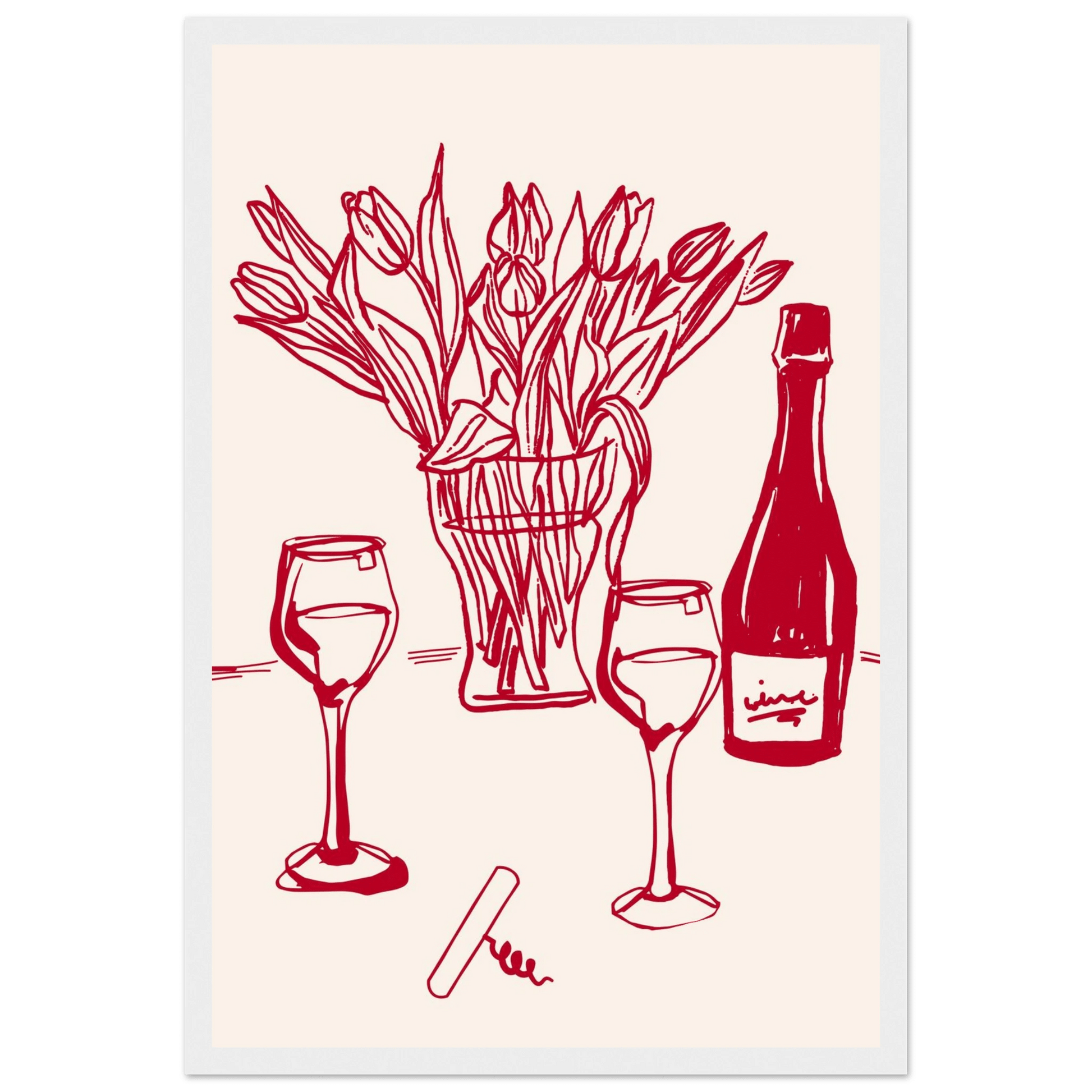Red Wine & Tulips Print | Line Art Wine Bottle Wall Art | Kitchen Poster - Evergreen Posters
