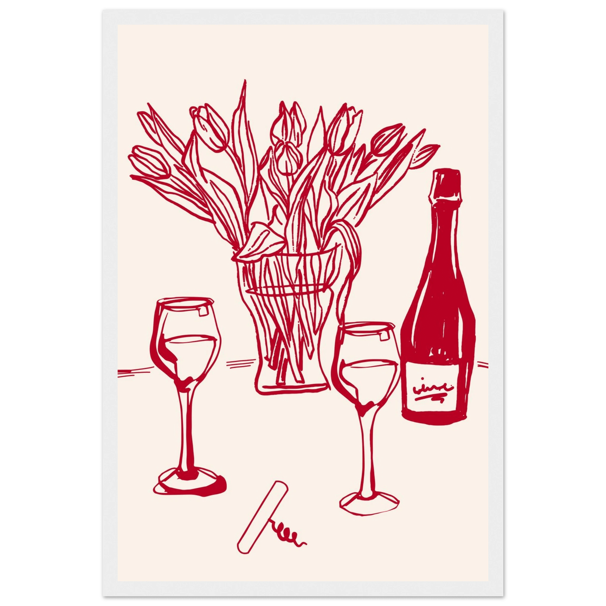 Red Wine & Tulips Print | Line Art Wine Bottle Wall Art | Kitchen Poster - Evergreen Posters