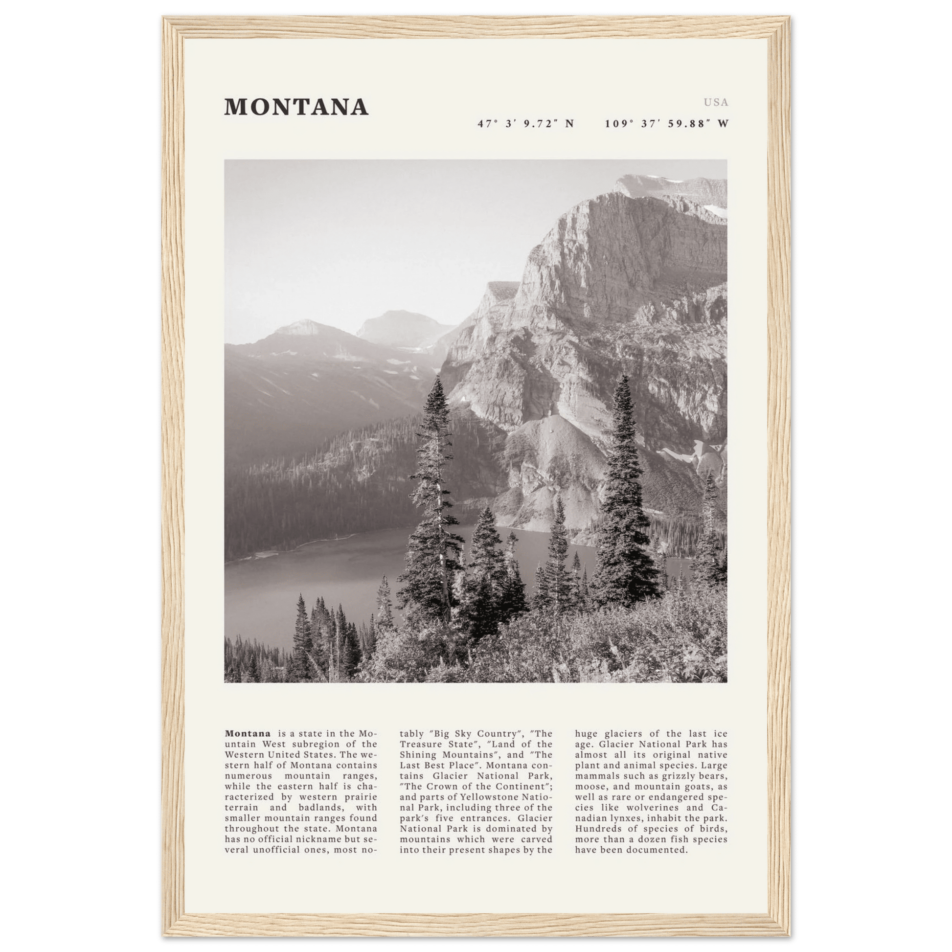 Montana Poster | Black & White Glacier National Park Wall Art | Nature Travel Print - Evergreen Posters