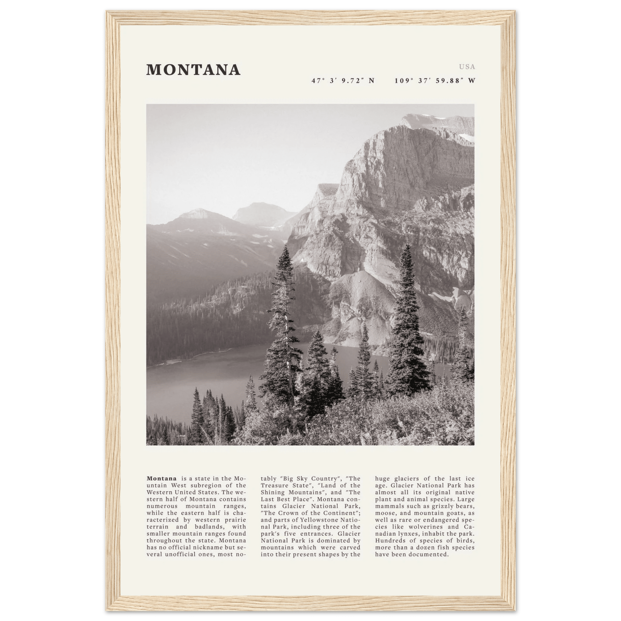Montana Poster | Black & White Glacier National Park Wall Art | Nature Travel Print - Evergreen Posters
