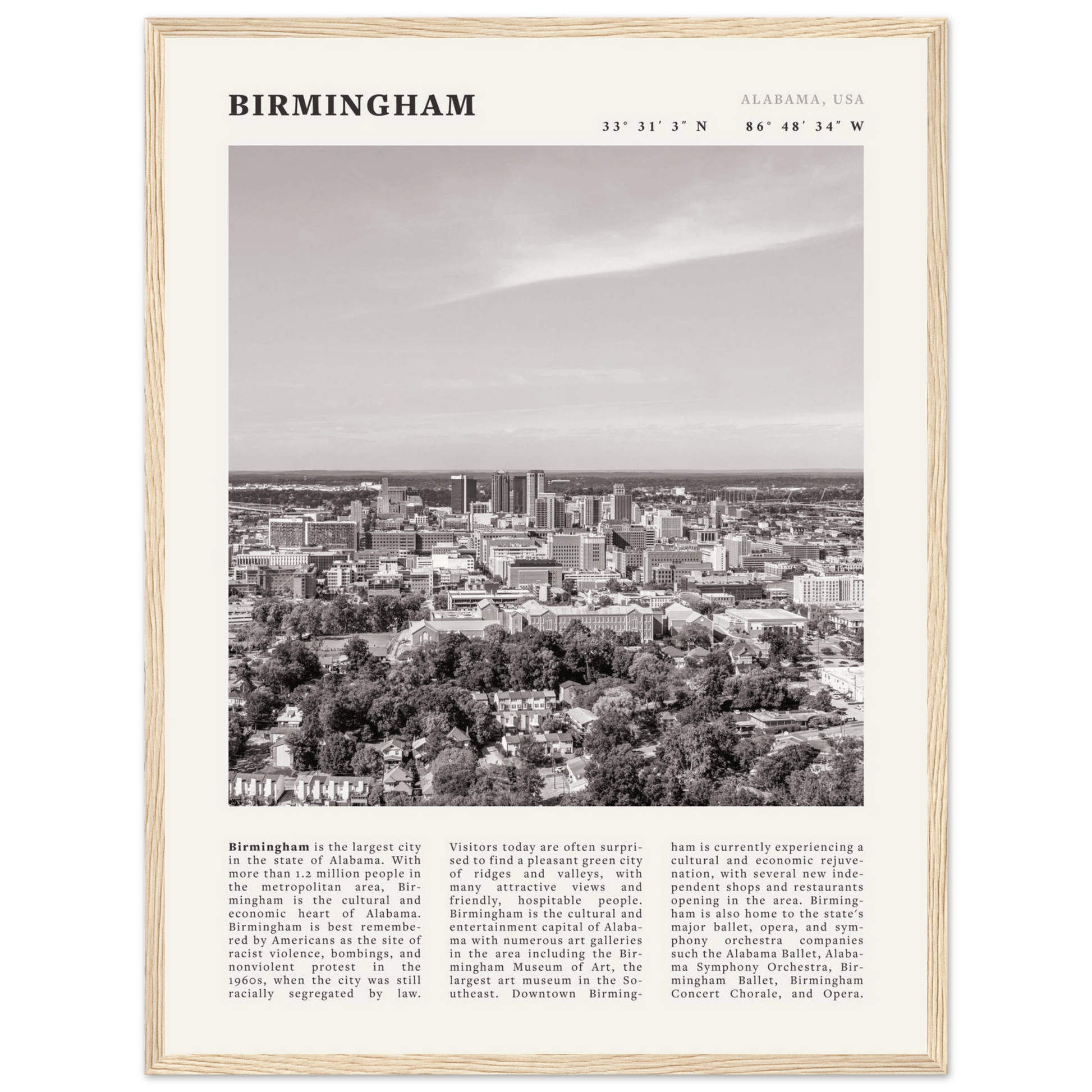Birmingham Poster | Black & White Alabama Skyline Wall Art | AL Travel Print - Evergreen Posters