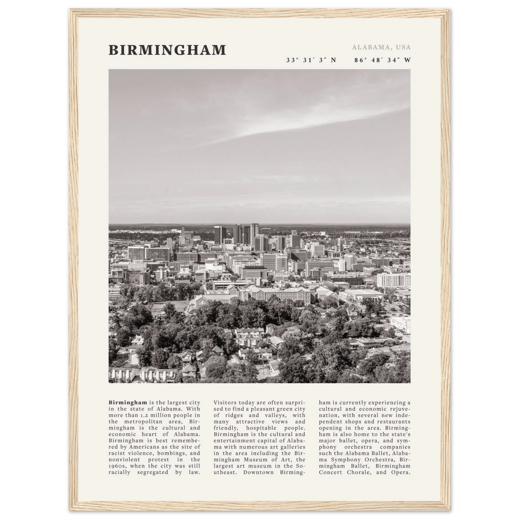 Birmingham Poster | Black & White Alabama Skyline Wall Art | AL Travel Print - Evergreen Posters