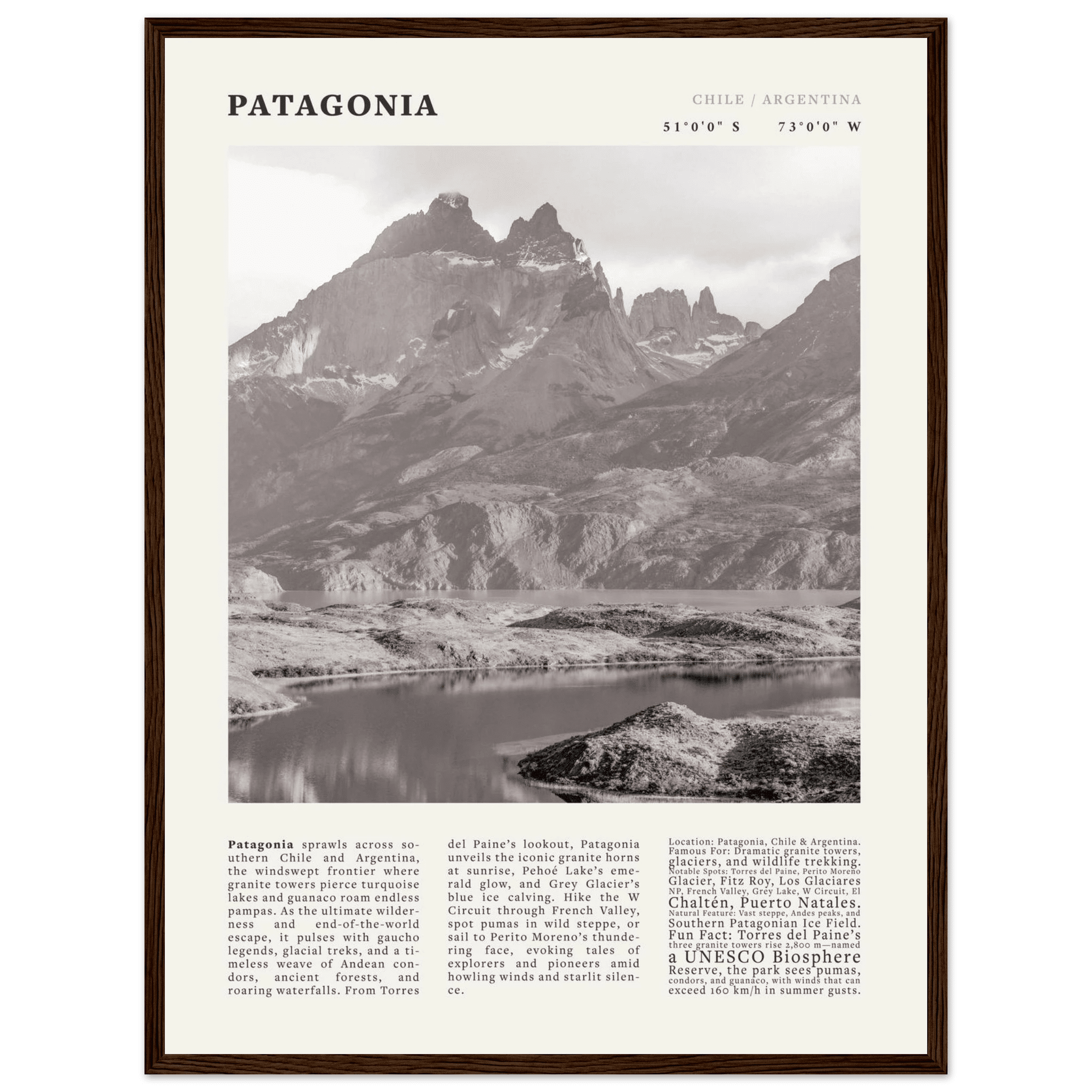 Patagonia Poster Black and White – Vintage Torres del Paine Landscape Print (Digital & Printed Options) - Evergreen Posters