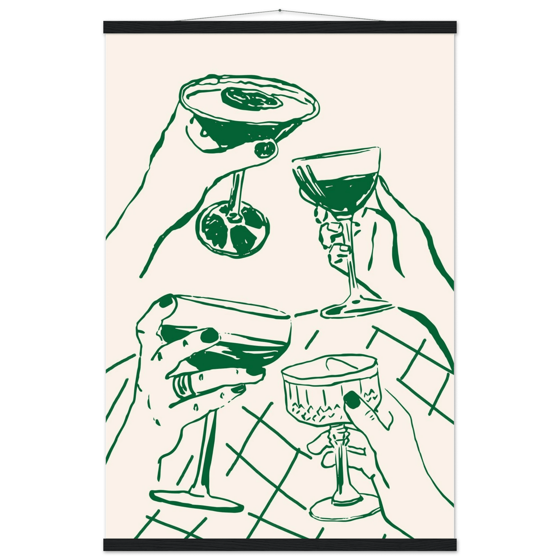 Cheers Print | Forest Green Cocktail Glasses Wall Art | Kitchen Bar Poster - Evergreen Posters