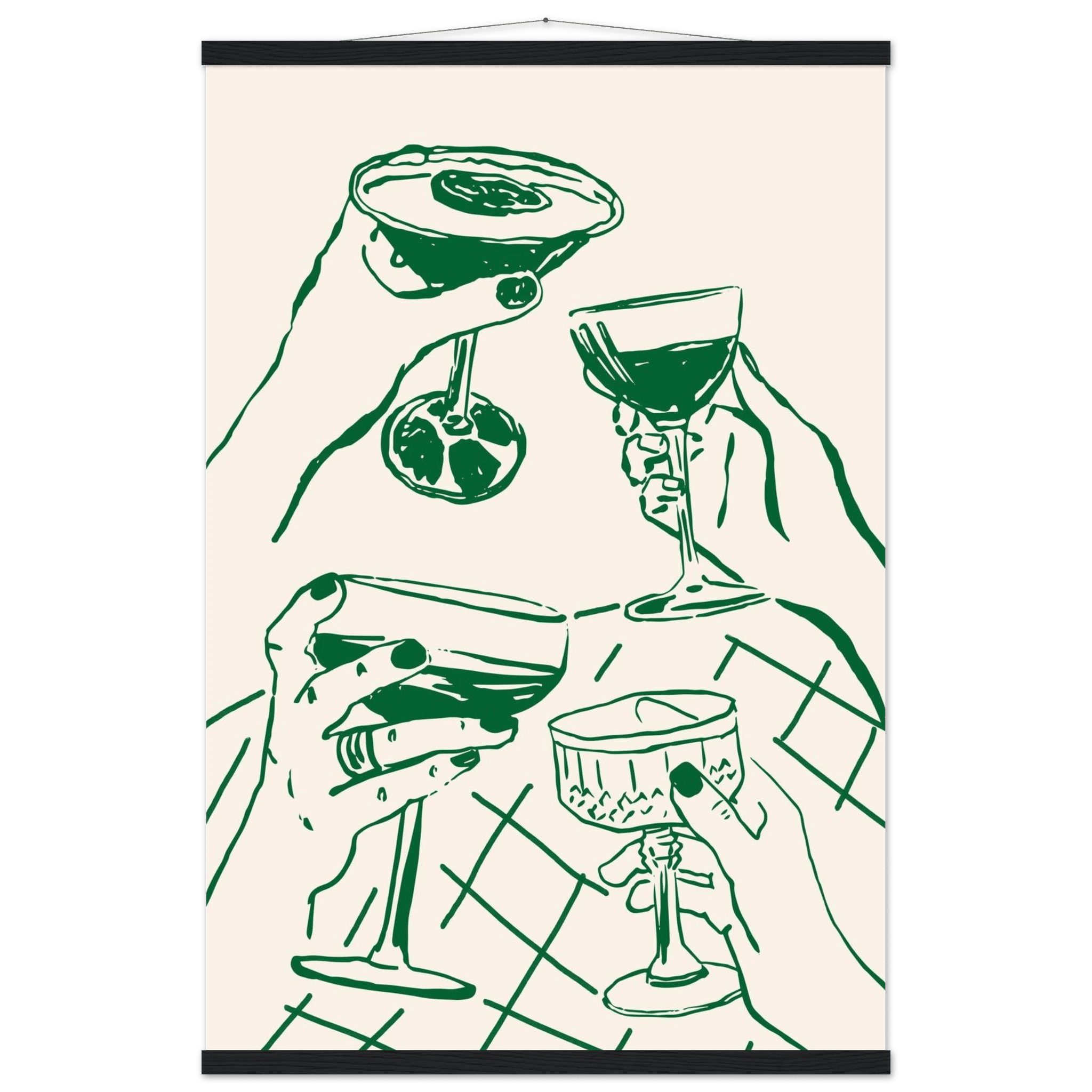 Cheers Print | Forest Green Cocktail Glasses Wall Art | Kitchen Bar Poster - Evergreen Posters