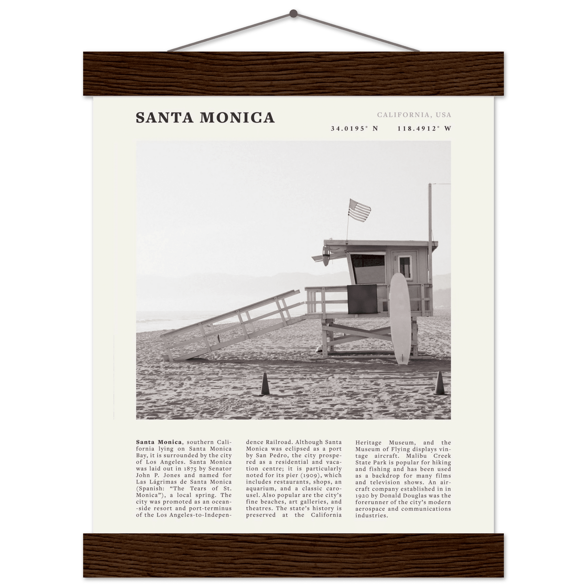 Santa Monica Poster | Black & White California Wall Art | Beach Travel Print | Coastal Decor - Evergreen Posters