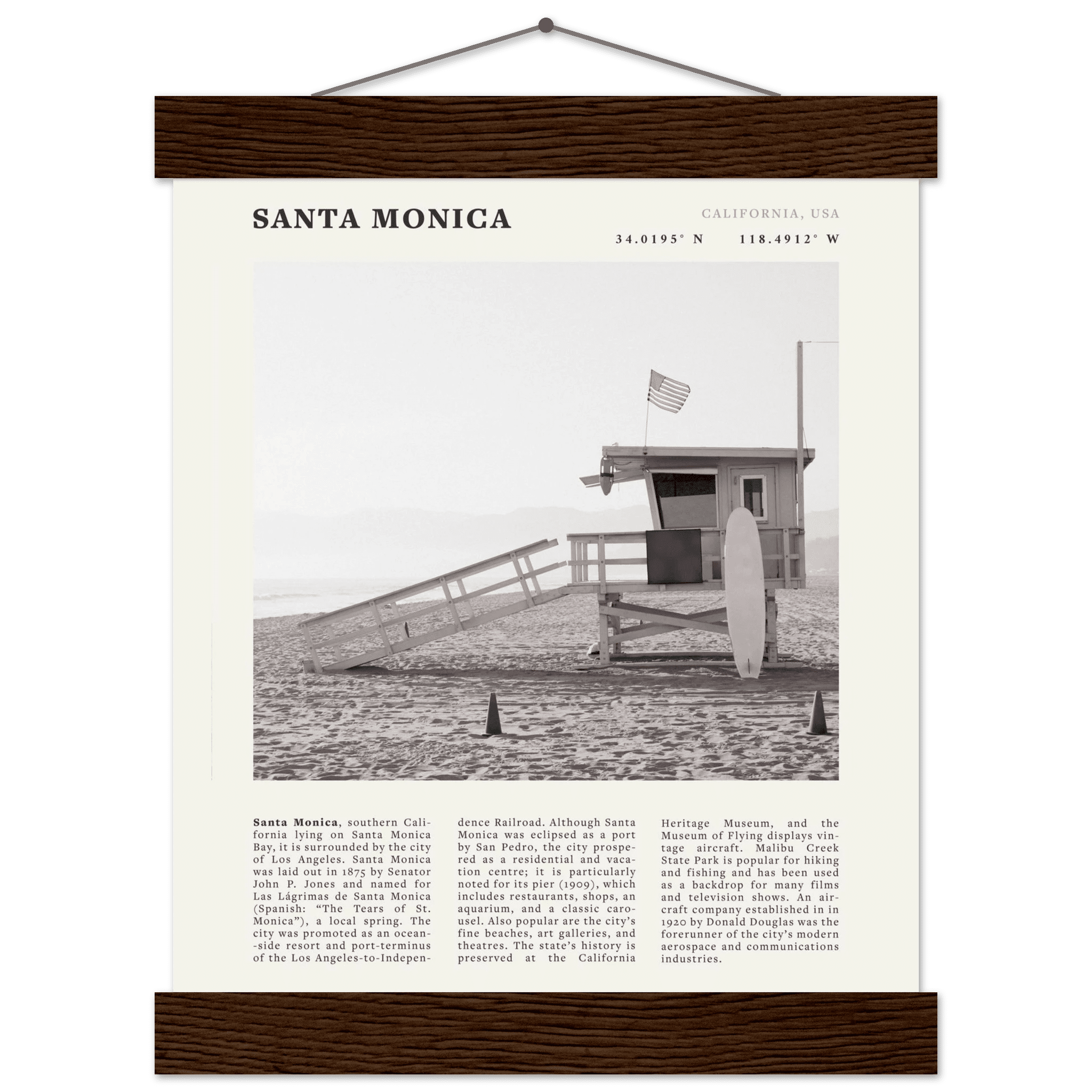 Santa Monica Poster | Black & White California Wall Art | Beach Travel Print | Coastal Decor - Evergreen Posters