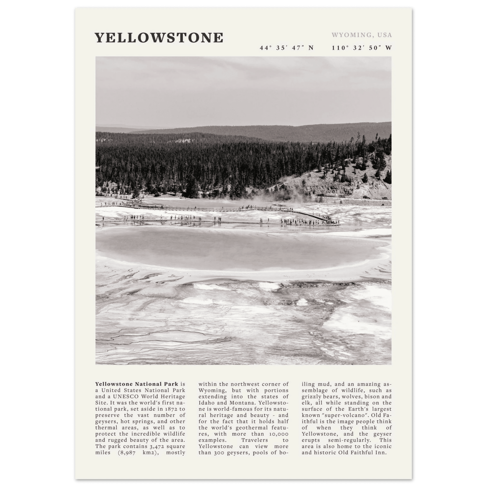 Yellowstone Poster | Black & White Grand Prismatic Spring Wall Art | WY Print - Evergreen Posters