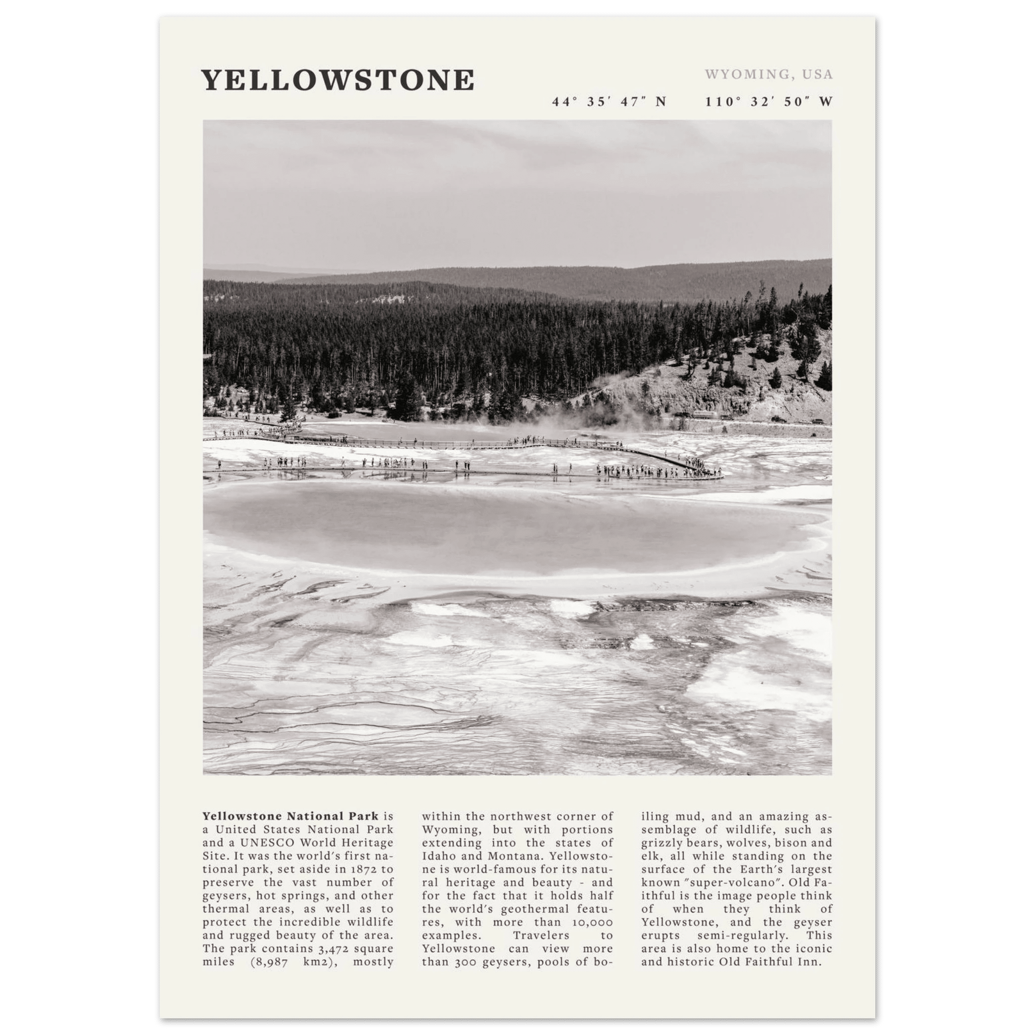 Yellowstone Poster | Black & White Grand Prismatic Spring Wall Art | WY Print - Evergreen Posters