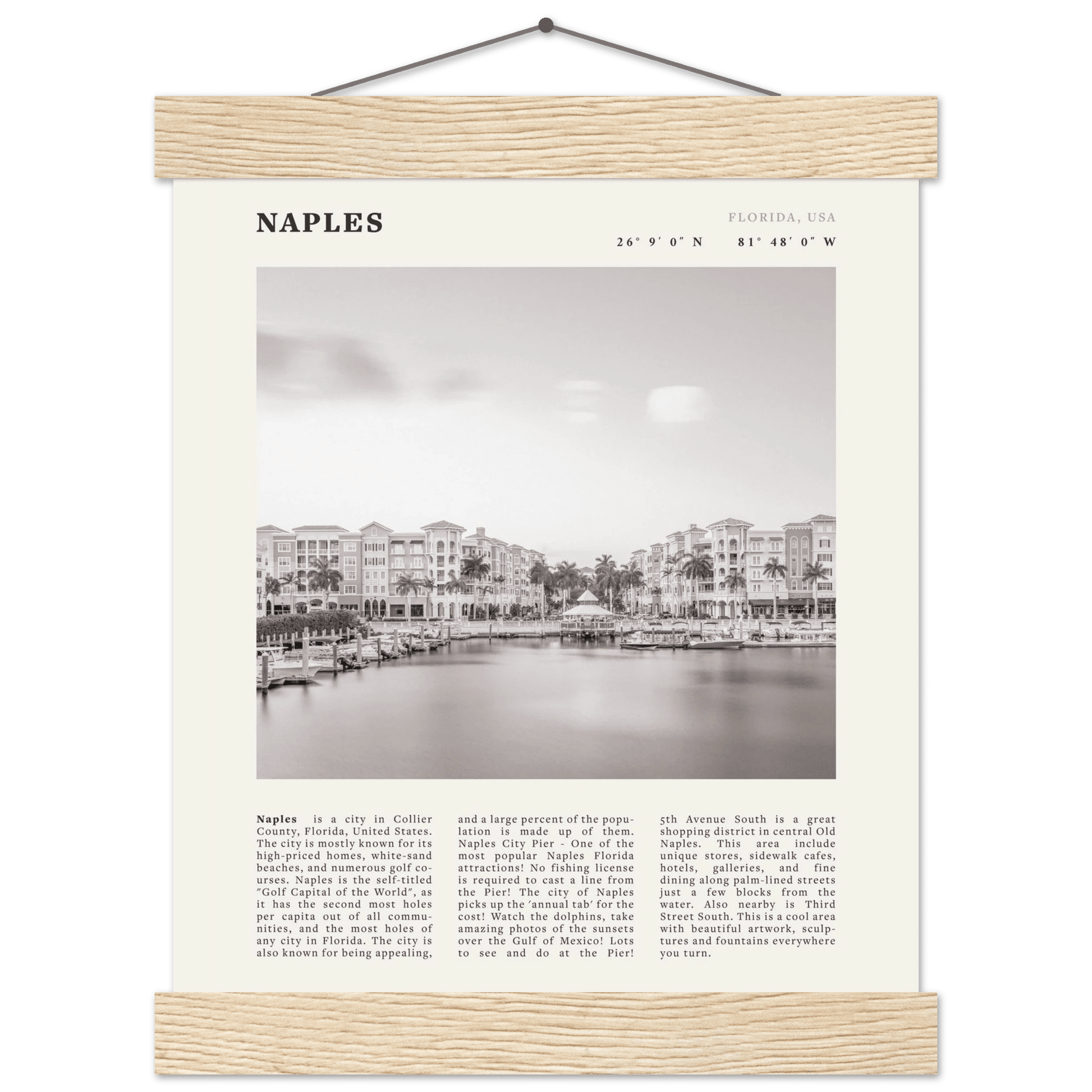 Naples Florida Poster | Black & White Gulf Coast Wall Art | FL Travel Print - Evergreen Posters