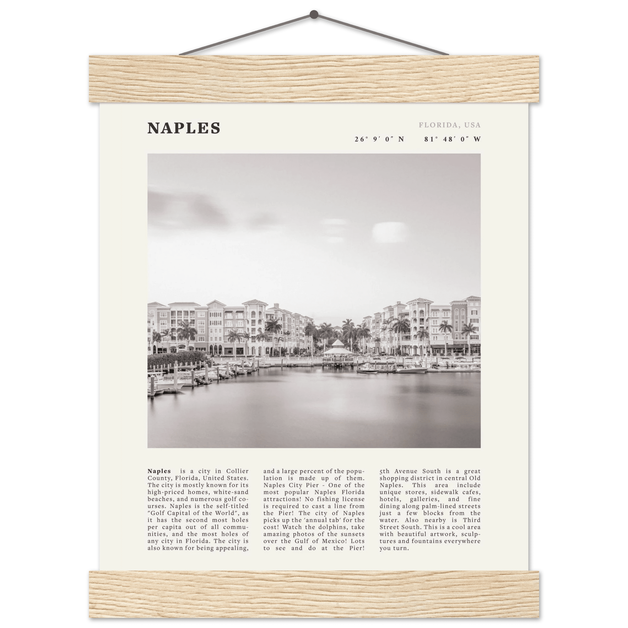 Naples Florida Poster | Black & White Gulf Coast Wall Art | FL Travel Print - Evergreen Posters