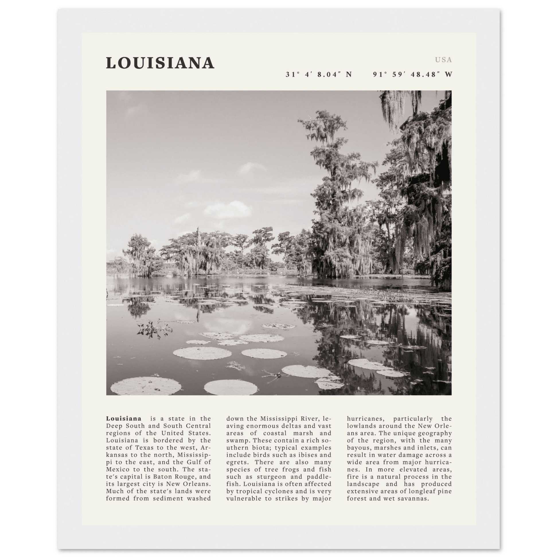 Louisiana Poster | Black & White Bayou Wall Art | Southern USA Travel Print Decor - Evergreen Posters