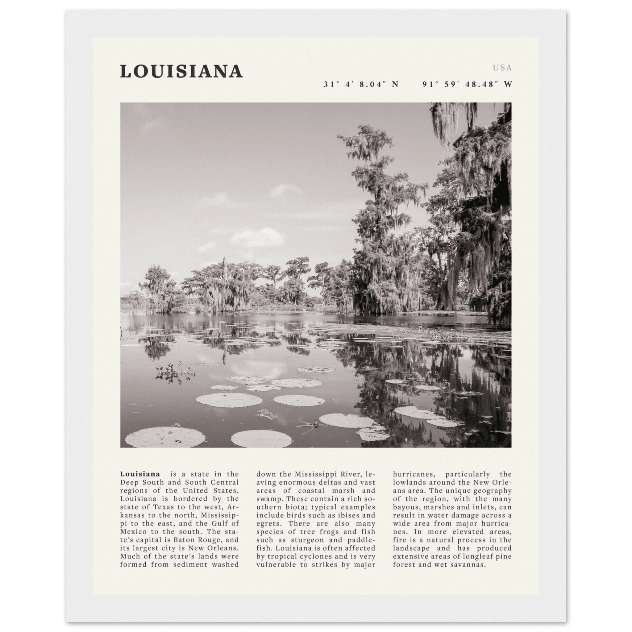 Louisiana Poster | Black & White Bayou Wall Art | Southern USA Travel Print Decor - Evergreen Posters