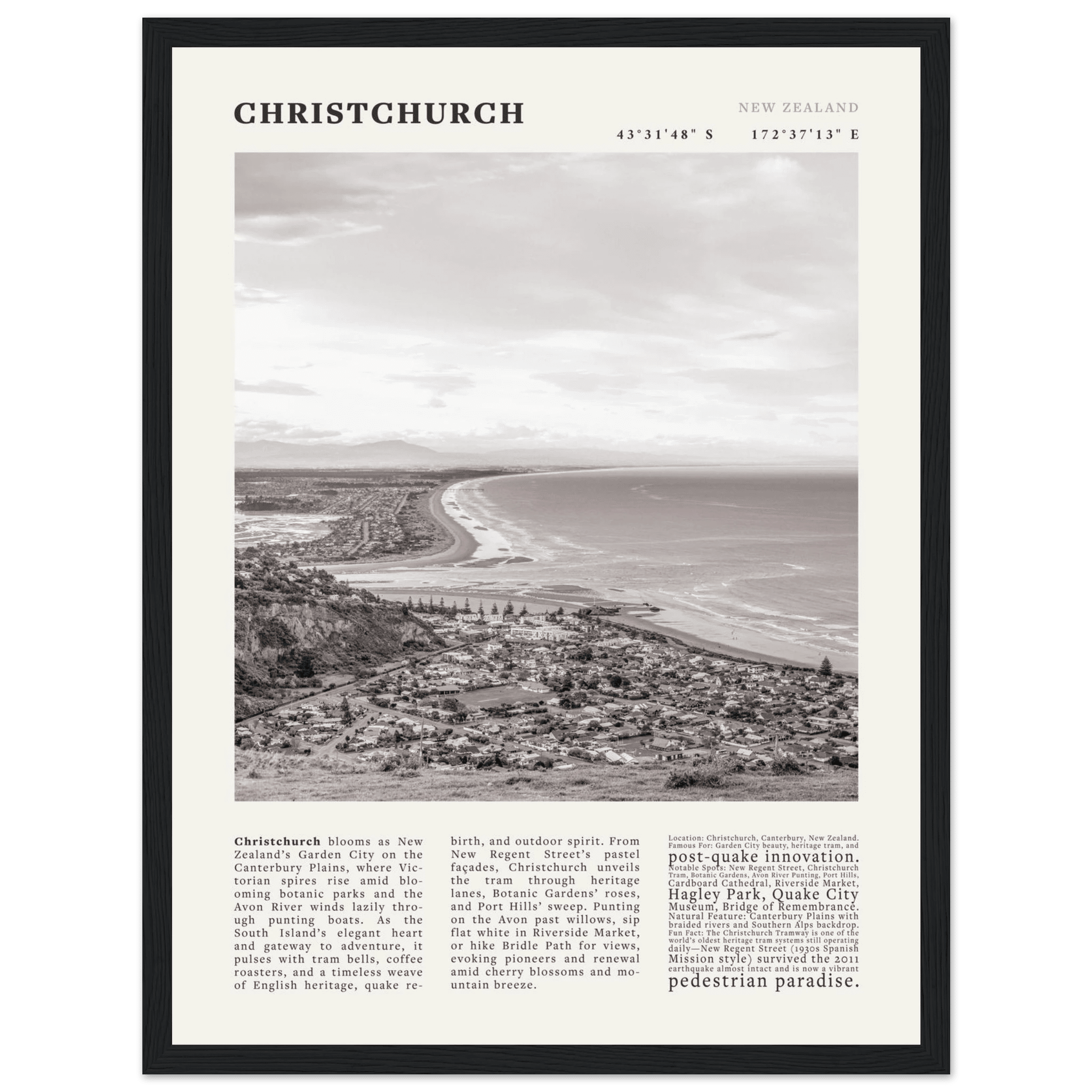 Christchurch New Zealand Poster Black and White – Vintage Garden City Panorama Print - Evergreen Posters