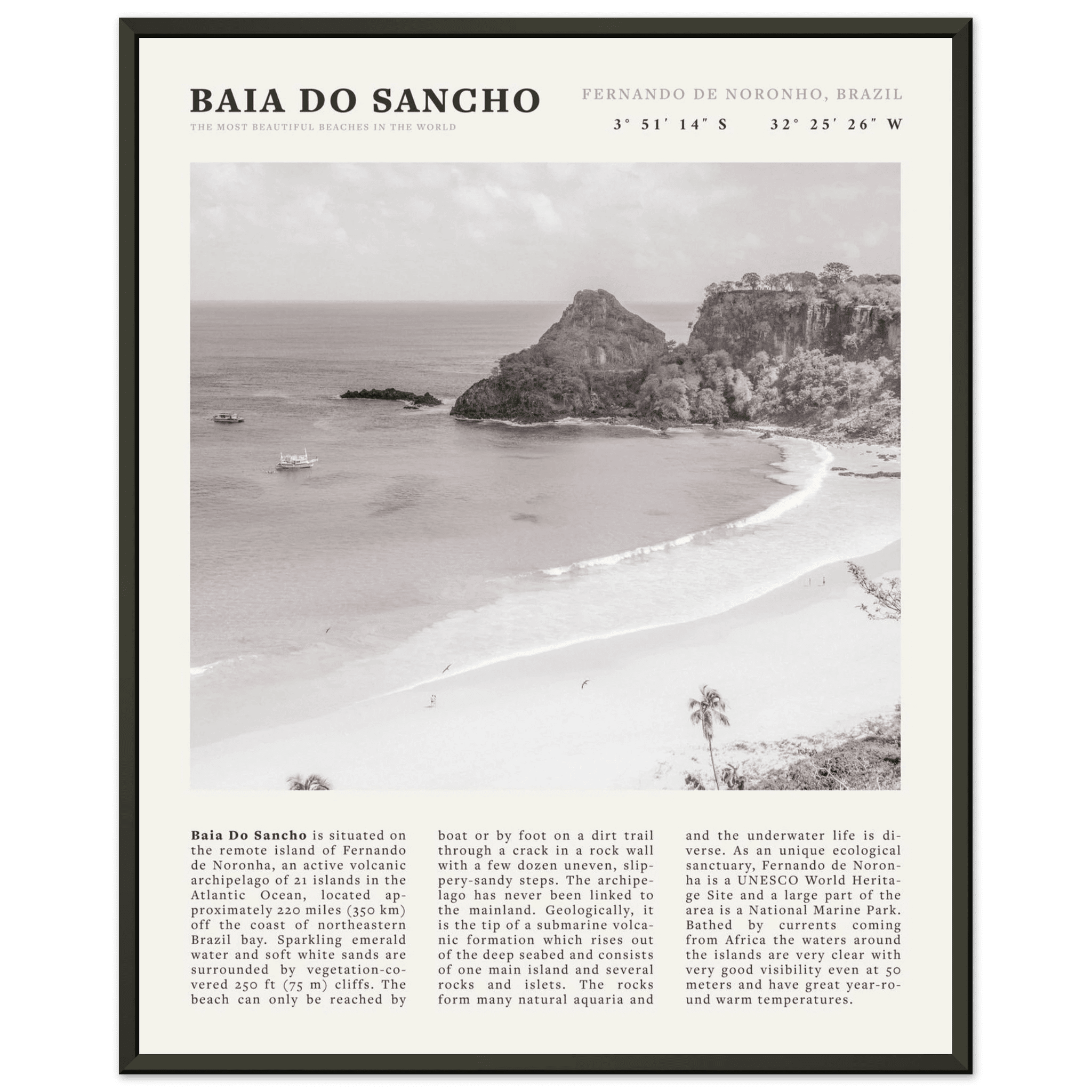 Baia Do Sancho Poster | Black & White Brazil Beach Wall Art | Fernando de Noronha - Evergreen Posters