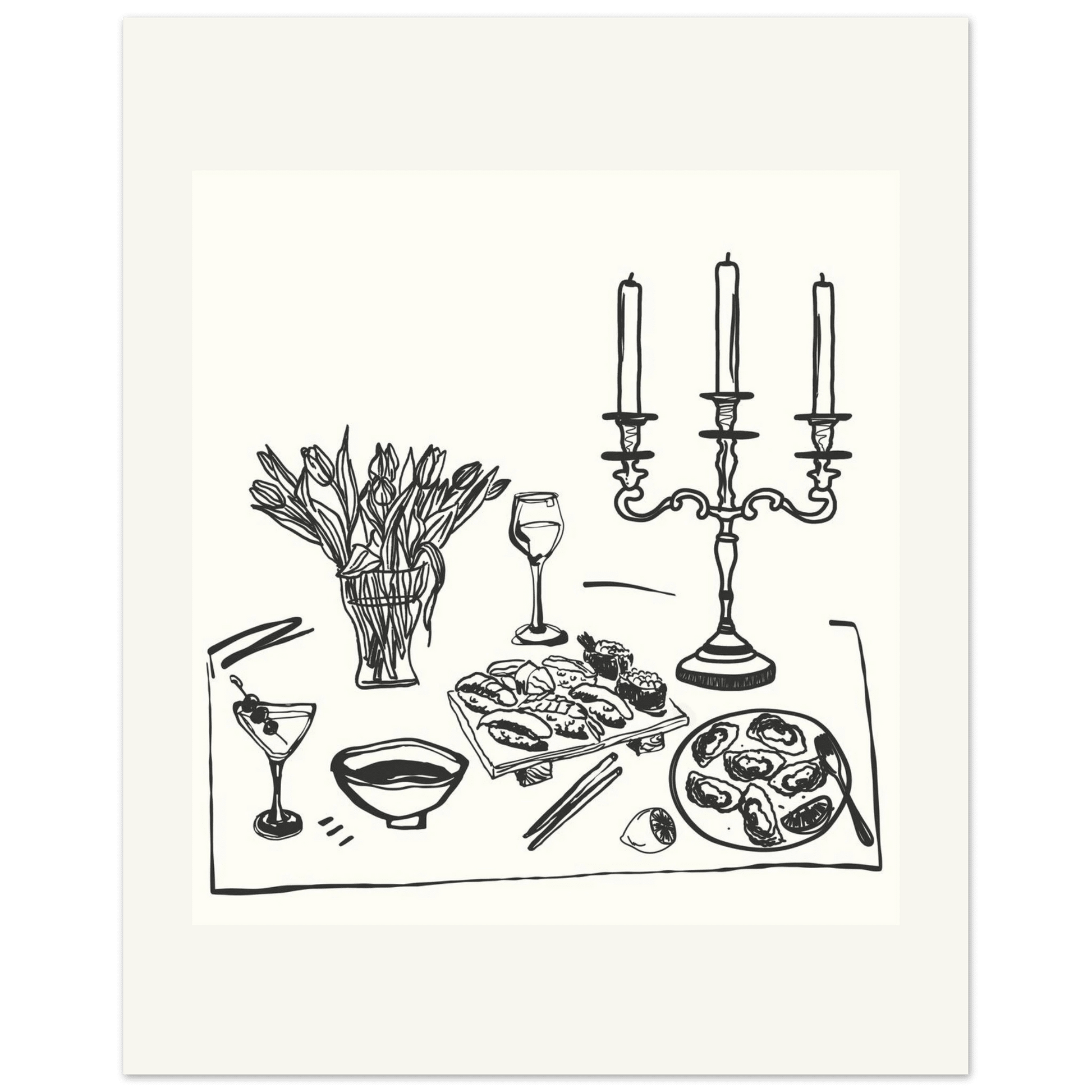 Fine Dining Table Print | Black Line Art Kitchen Wall Art | Elegant Dining Room Poster - Evergreen Posters