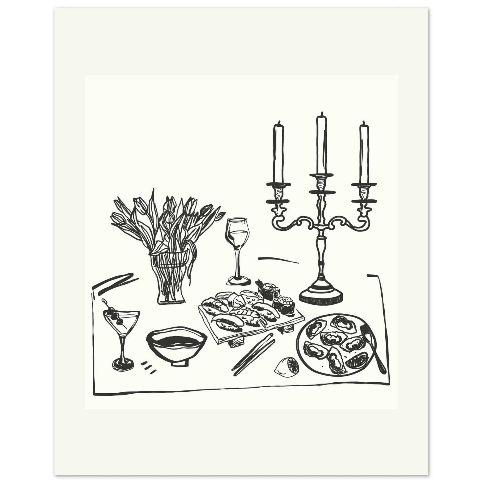 Fine Dining Table Print | Black Line Art Kitchen Wall Art | Elegant Dining Room Poster - Evergreen Posters