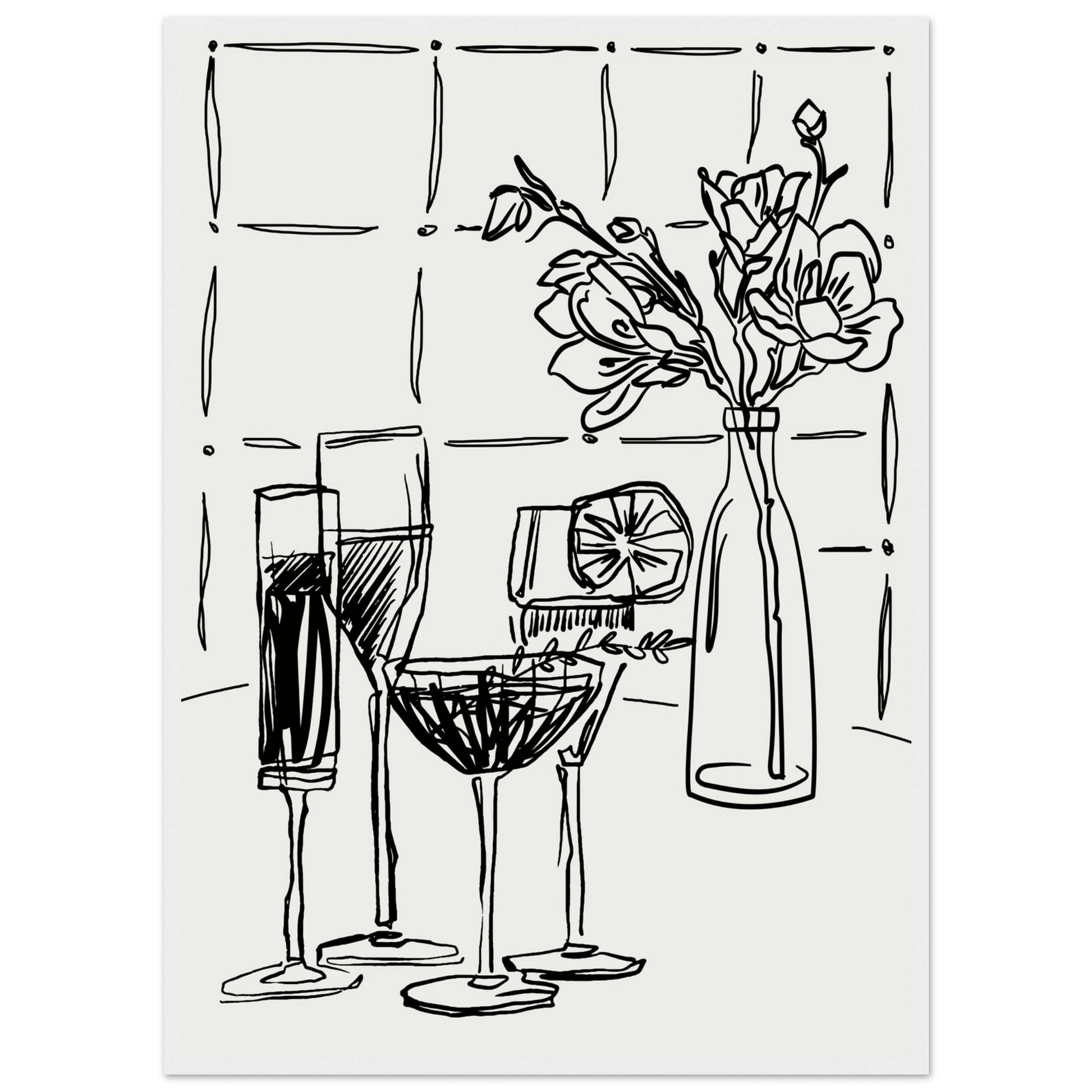 Cocktails & Flowers Print | Black Line Art Drinks Wall Art | Kitchen Bar Poster - Evergreen Posters