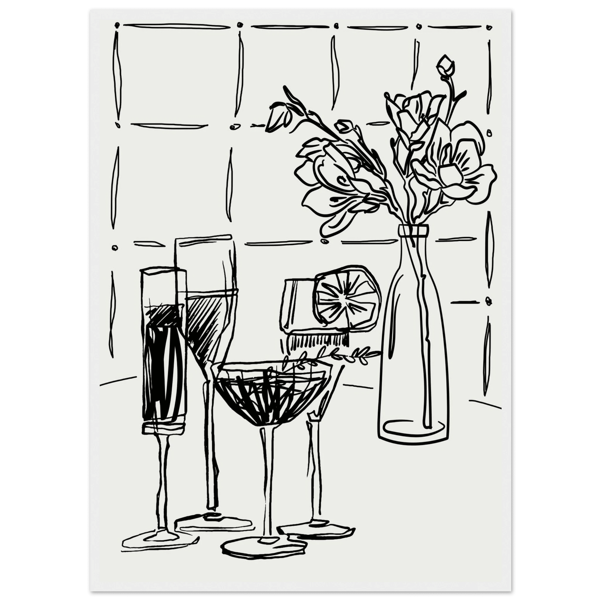 Cocktails & Flowers Print | Black Line Art Drinks Wall Art | Kitchen Bar Poster - Evergreen Posters